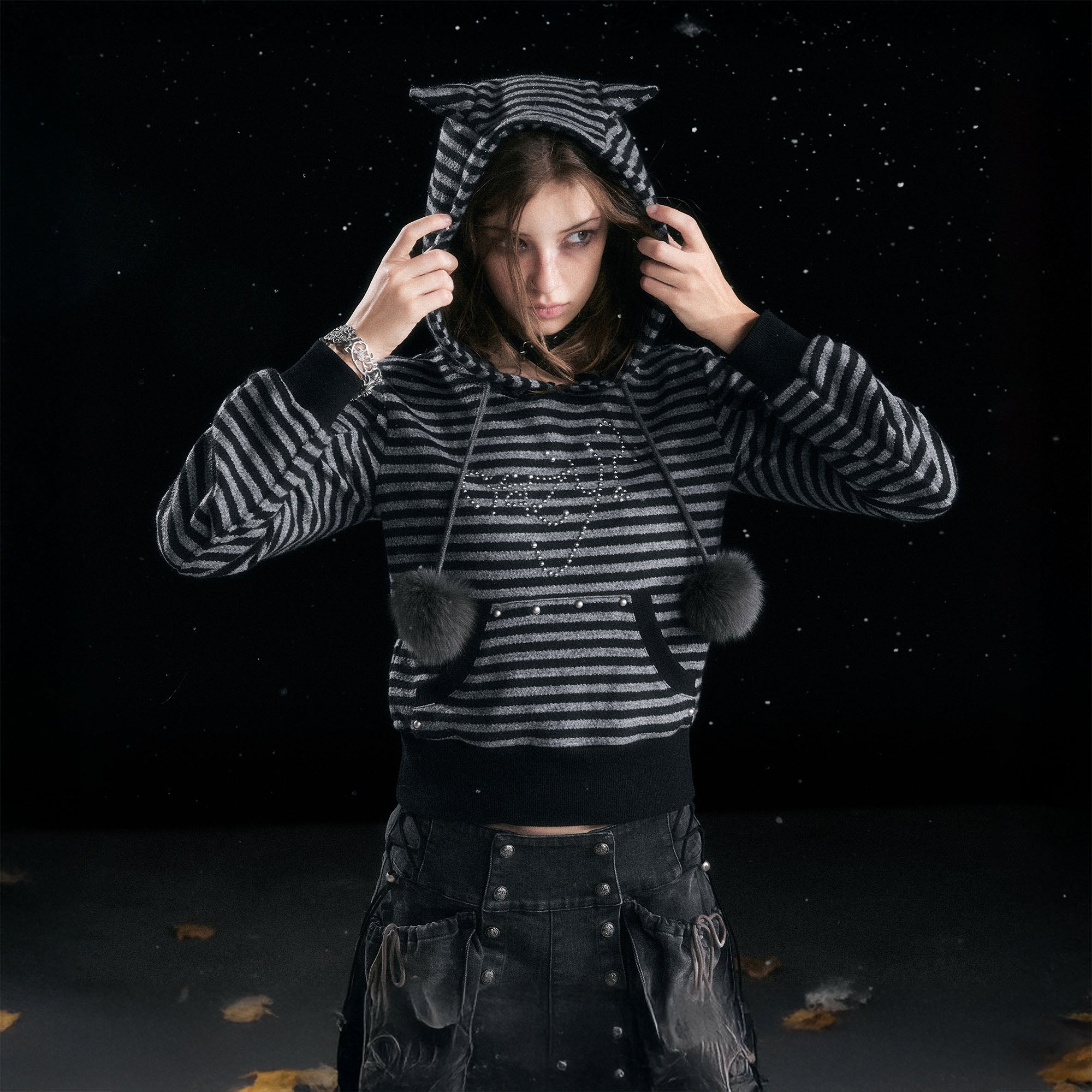 CESTNOUS Studded Striped Cat-Ear Hoodie