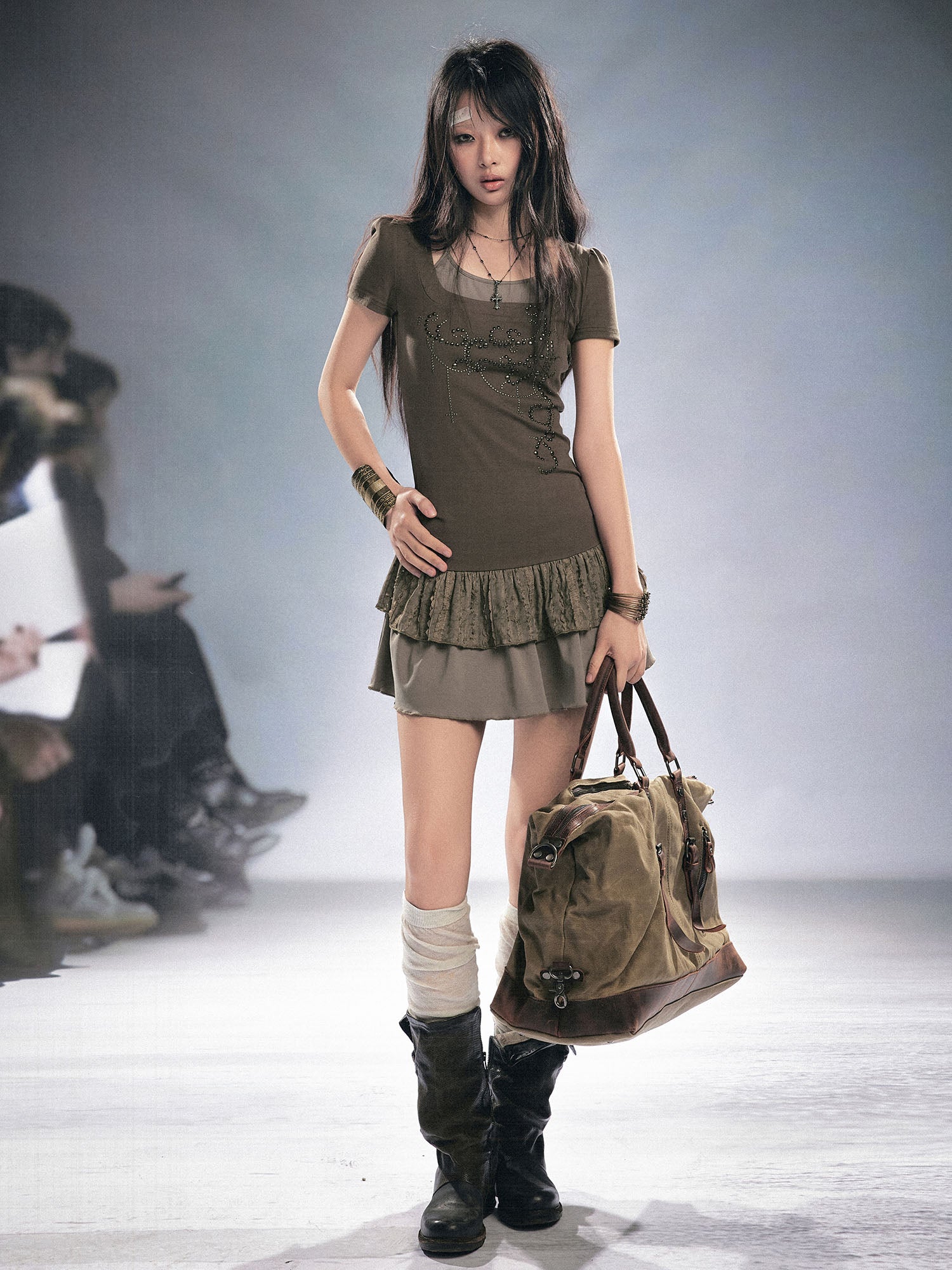 CESTNOUS Studded Faux Layered Ruffle Hem Dress