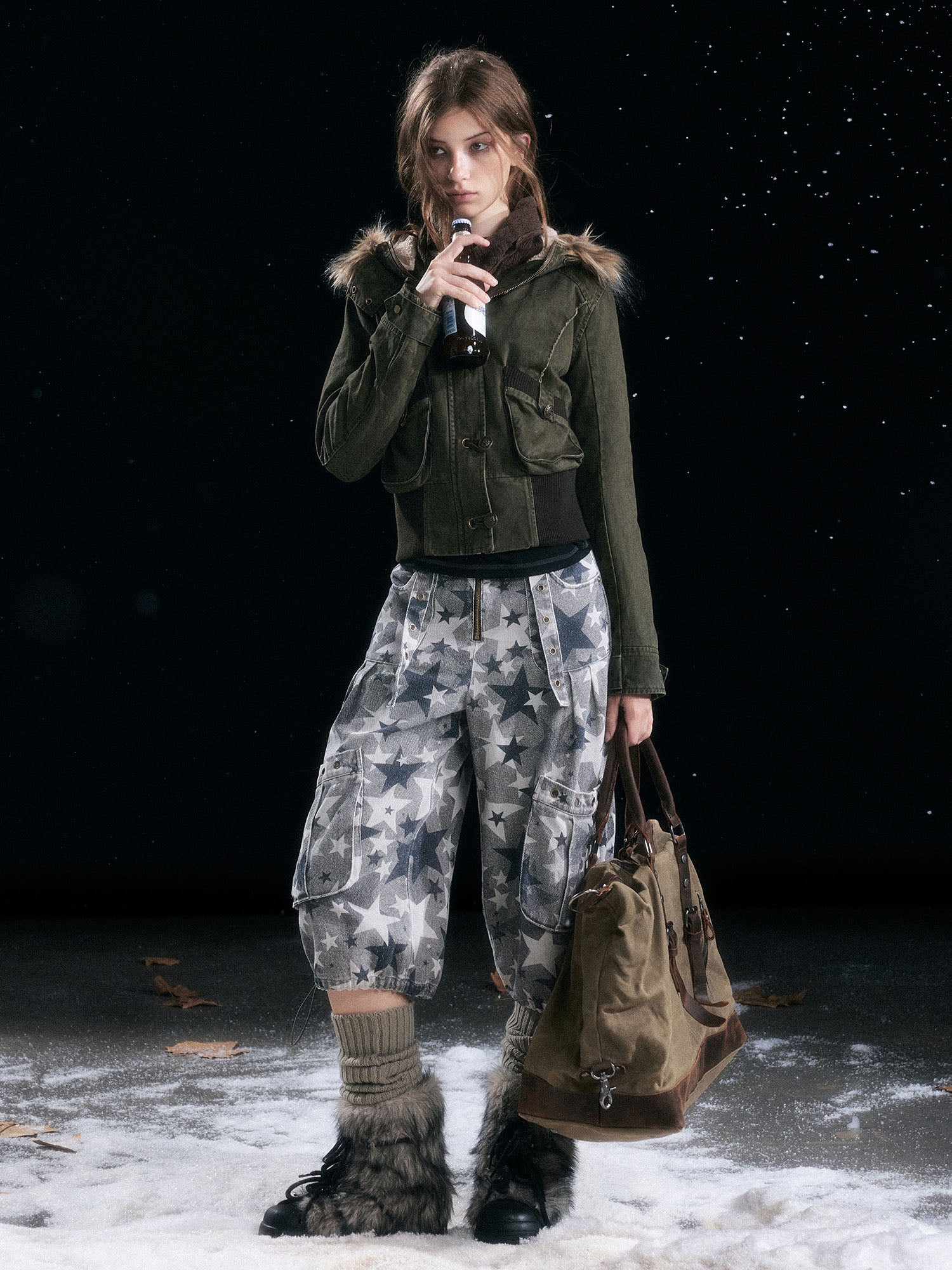 CESTNOUS Washed Military Faux-Fur Hooded Padded Jacket