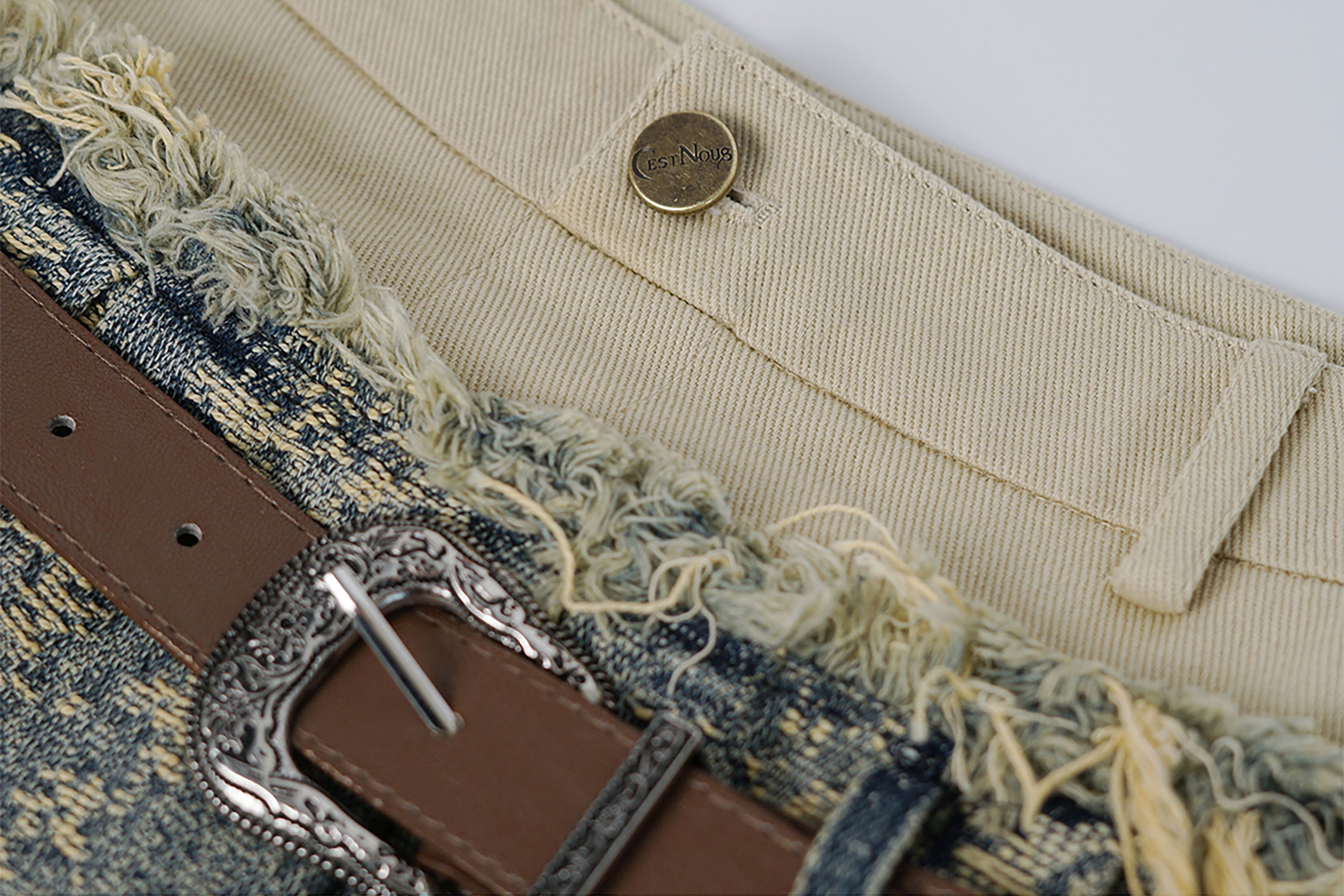 CESTNOUS Layered Frayed Denim Tulle Mini Skirt