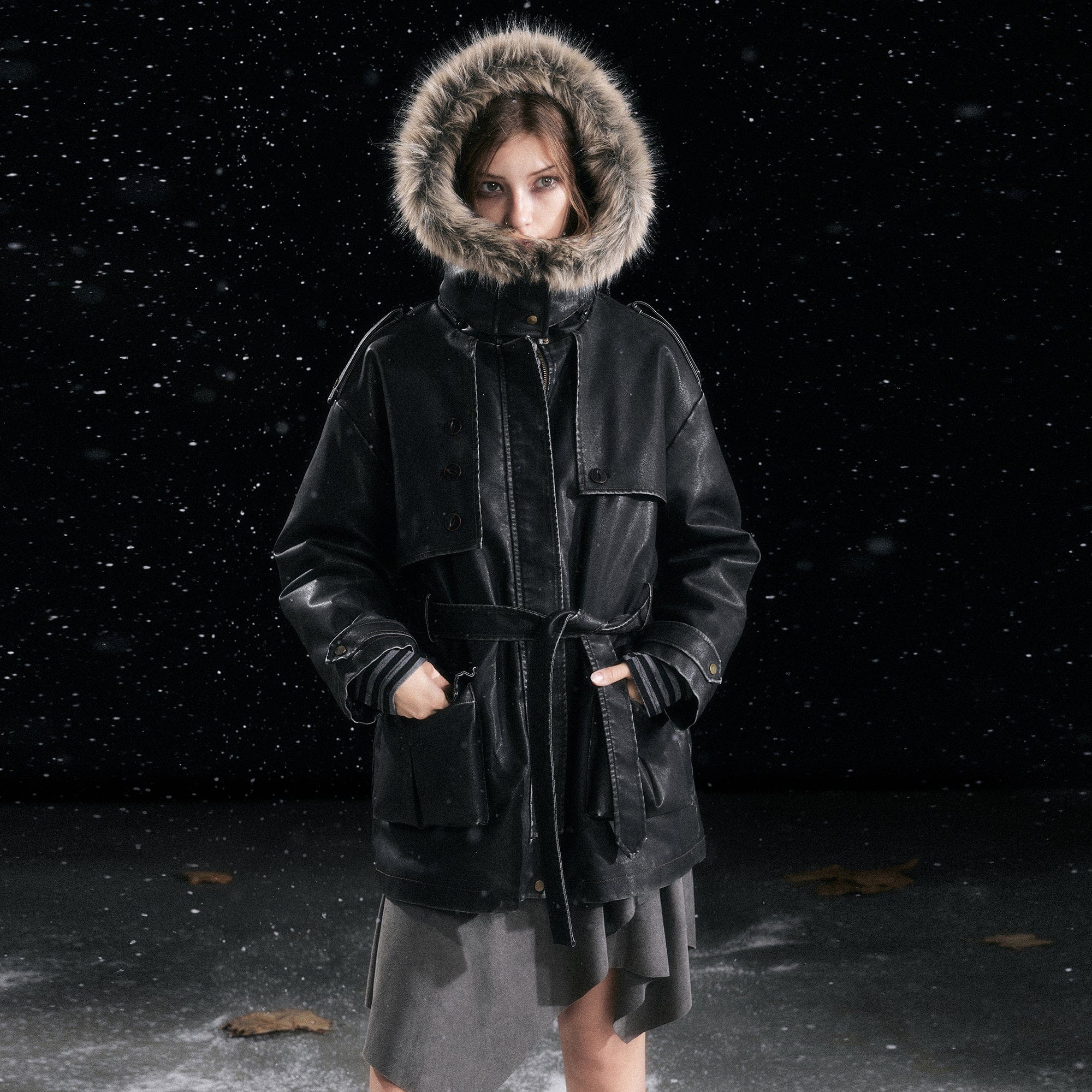 CESTNOUS Distressed Faux-Fur Hood PU Parka Jacket