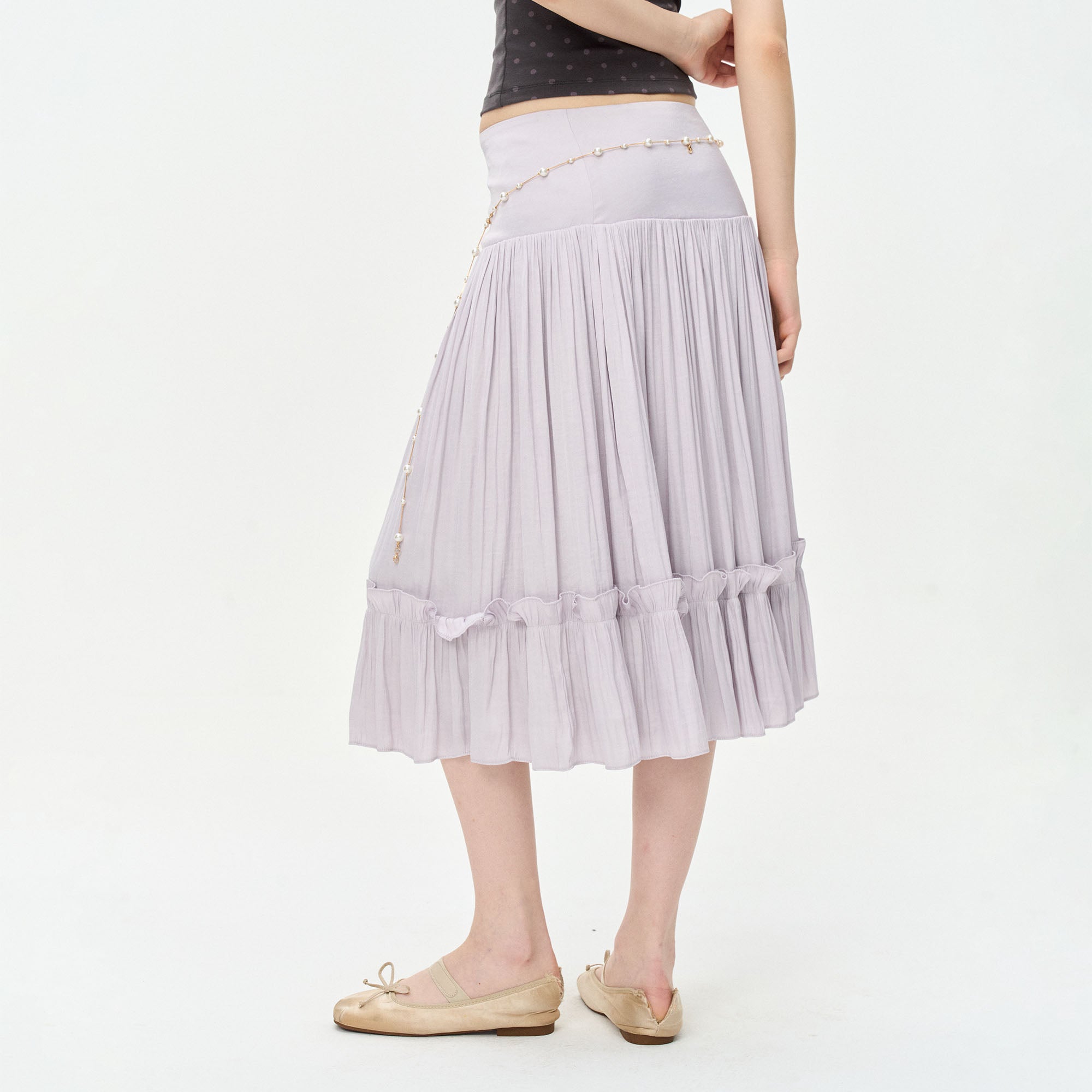 LEONSENSE Ruffle-Hem Pleated Midi Skirt