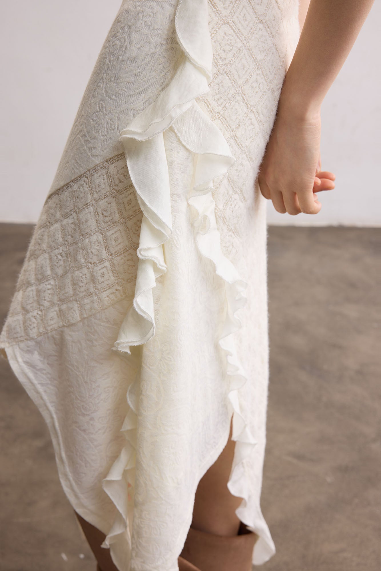 SAME FLOW Ruffle Asym Slip Lace-Panel Dress