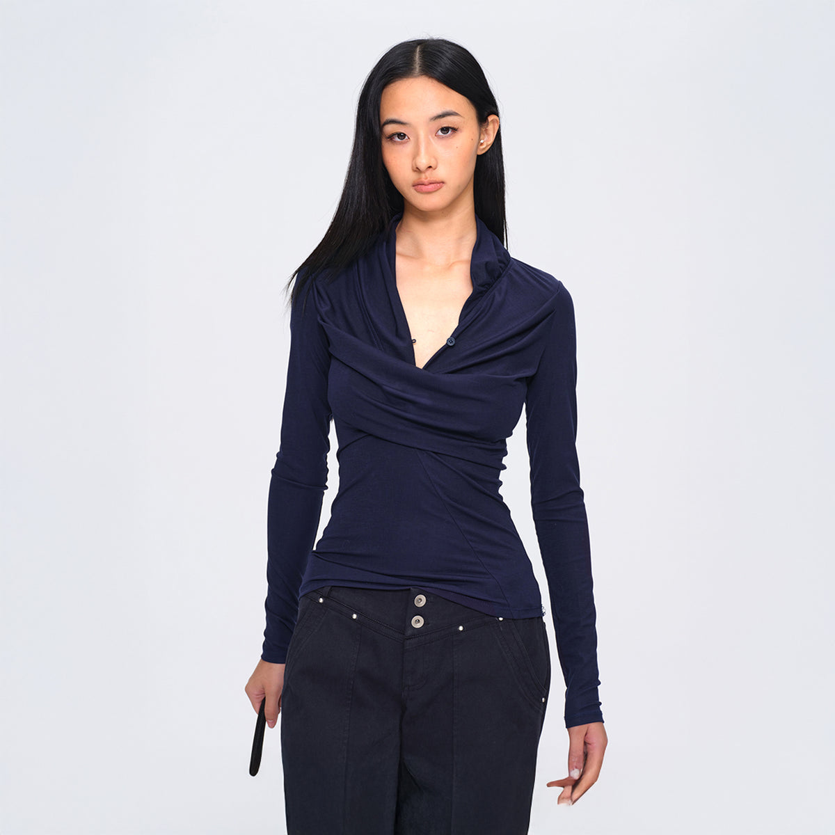 DOTYEARS Draped Cowl-Neck Ruched Long-Sleeve Top