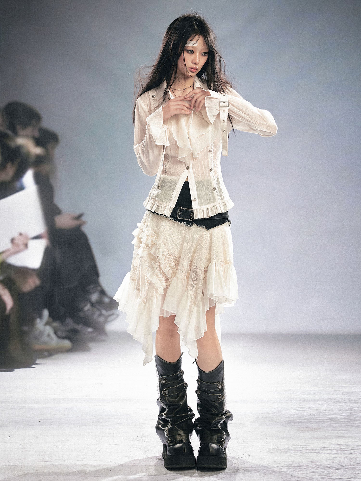 CESTNOUS Crinkled Ruffle Sheer Blouse
