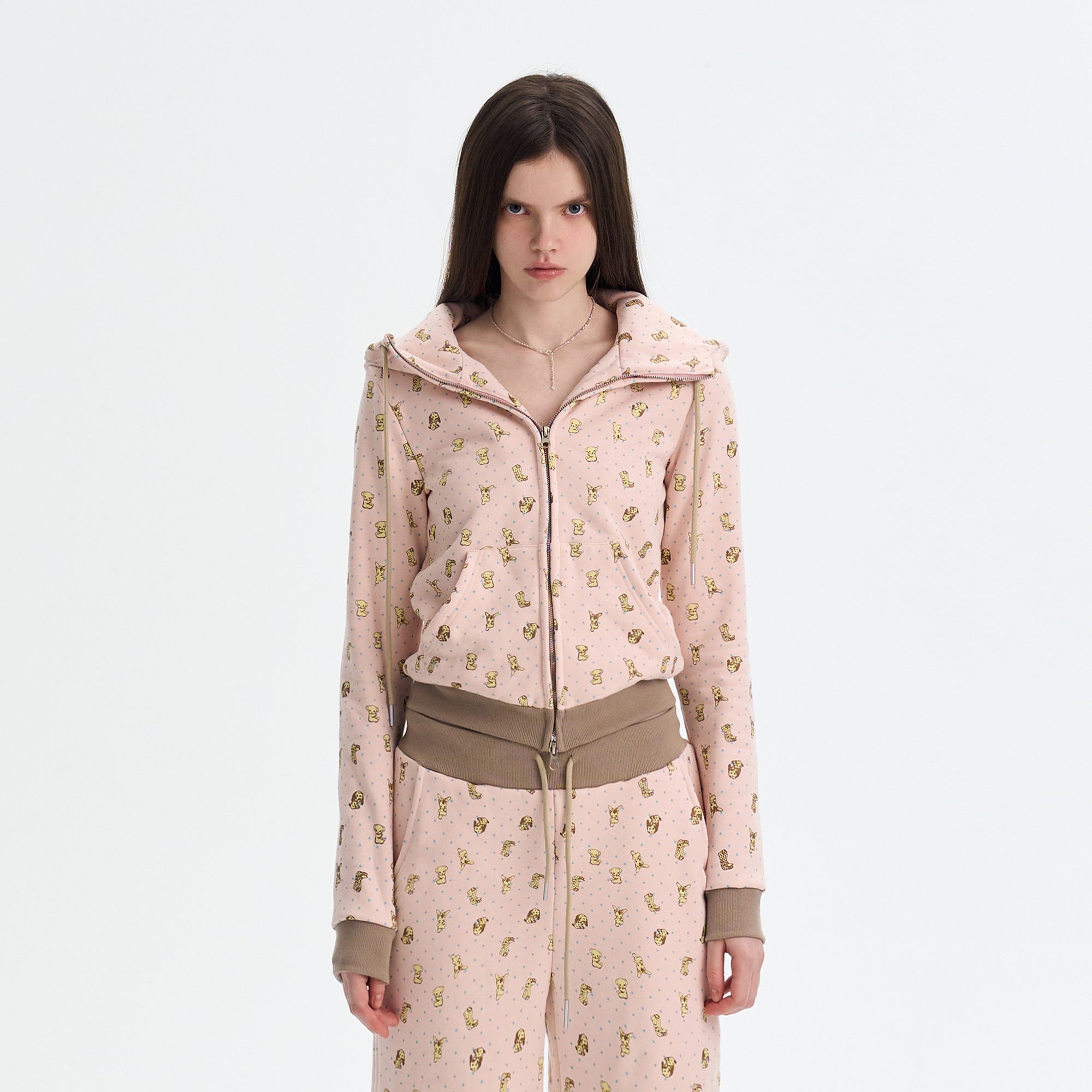 THE NEVERMORE Contrast-Waist Puppy Full-Print Zip Hoodie