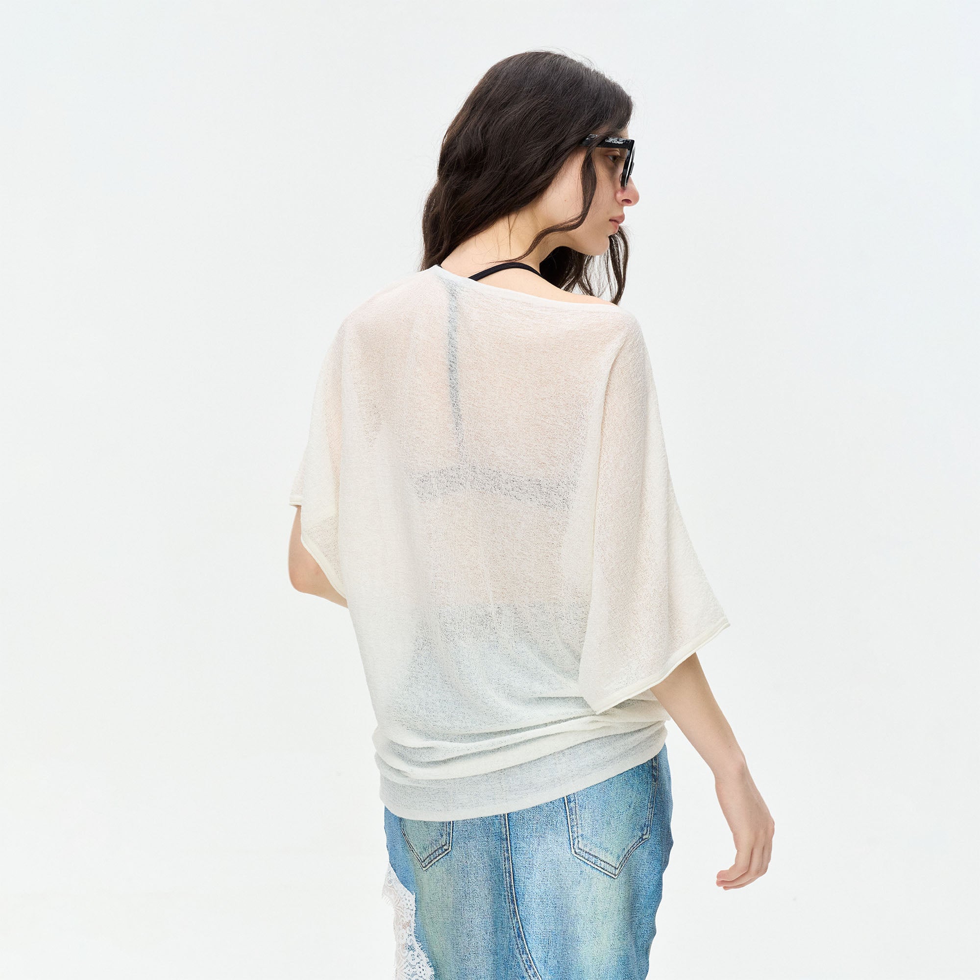LEONSENSE Sheer Draped Batwing Knit Top