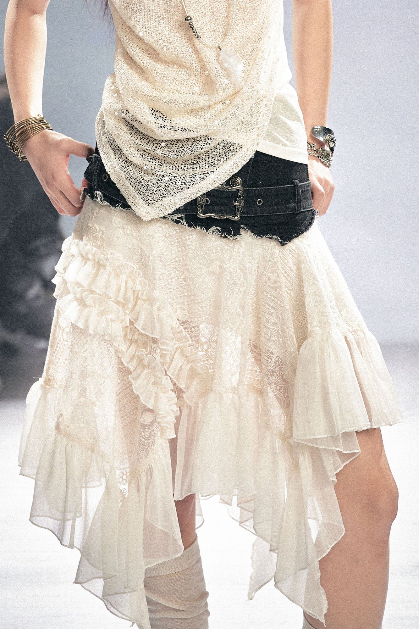 CESTNOUS Denim Belt-Waist Lace Ruffle Asym Skirt