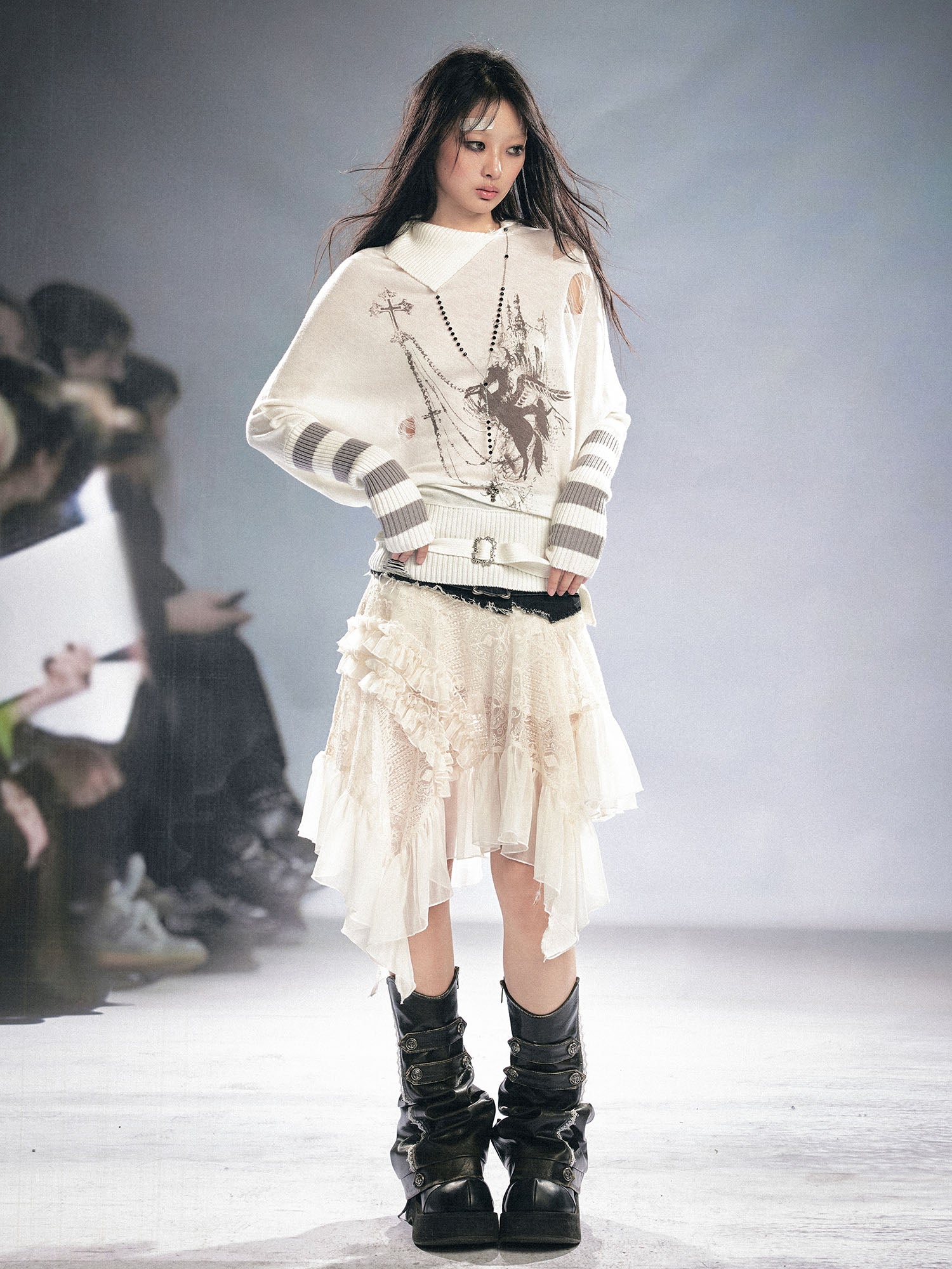CESTNOUS Gothic Graphic Striped Bat-Sleeve Sweater