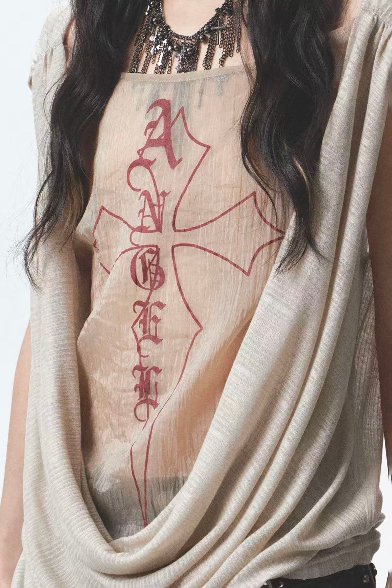 NONAME SPACE Draped Mesh Cross Graphic Top