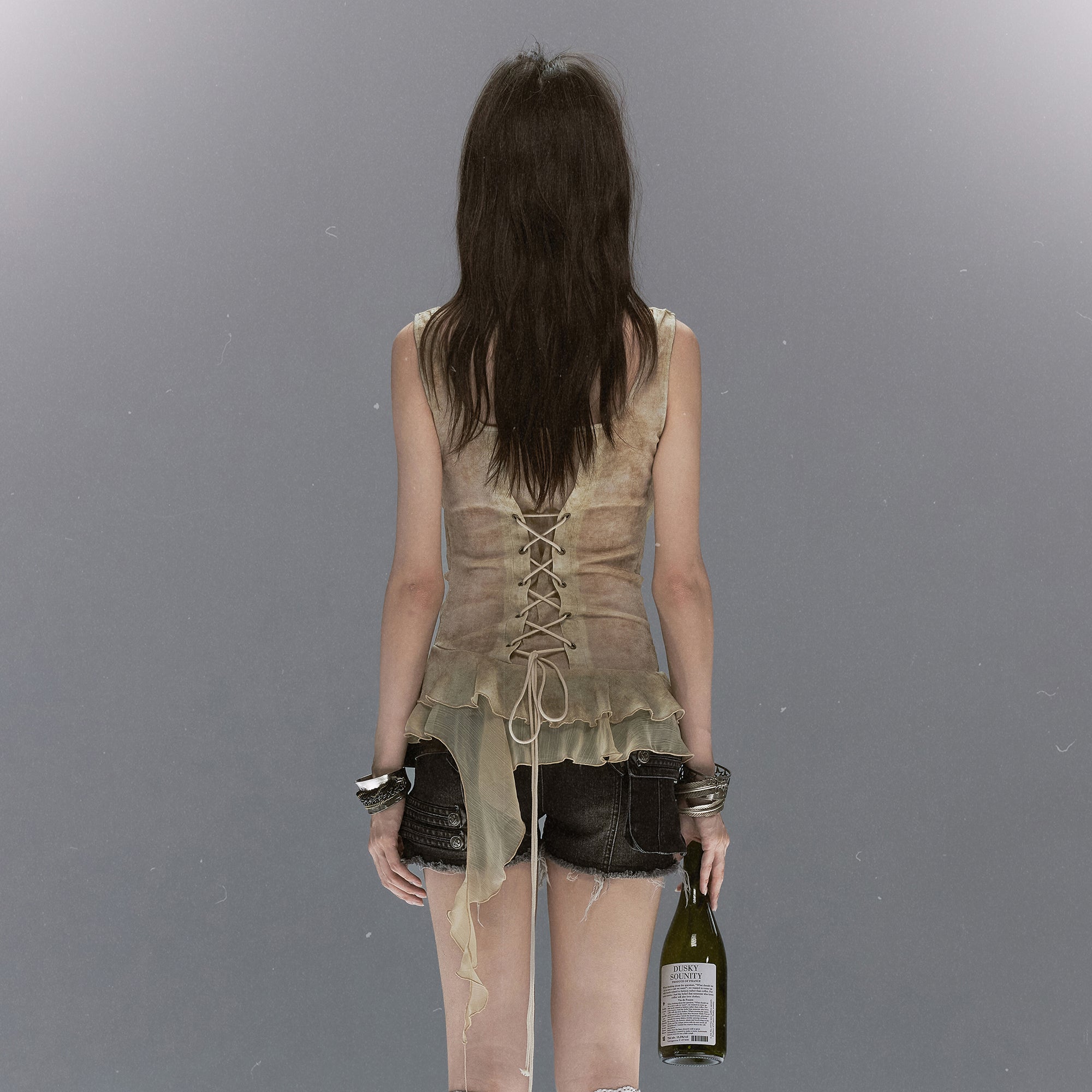 CESTNOUS Studded Lace-Up Back Ruffle-Hem Tank Top