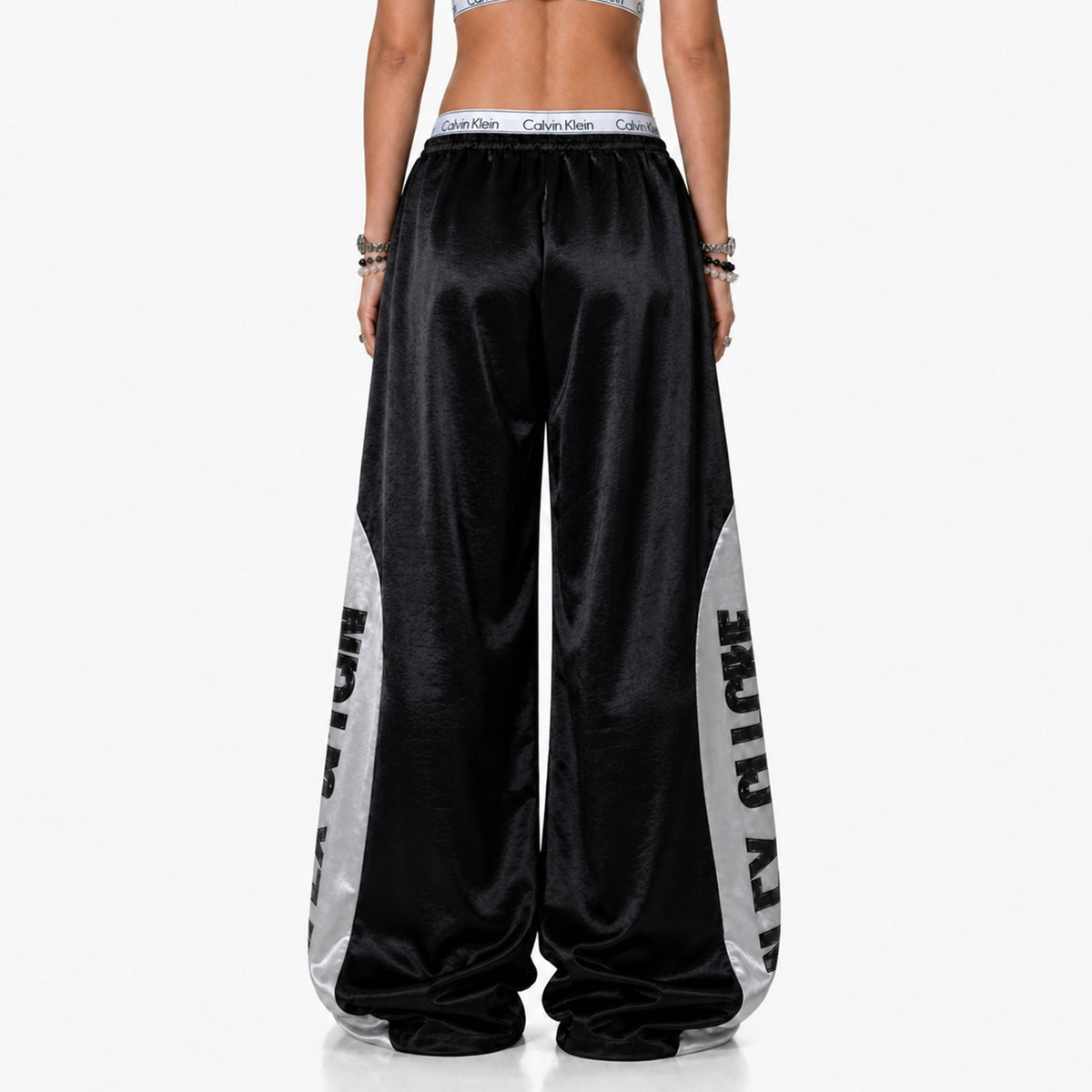FREE CENTER Spliced Glossy Wide-Leg Sweatpants