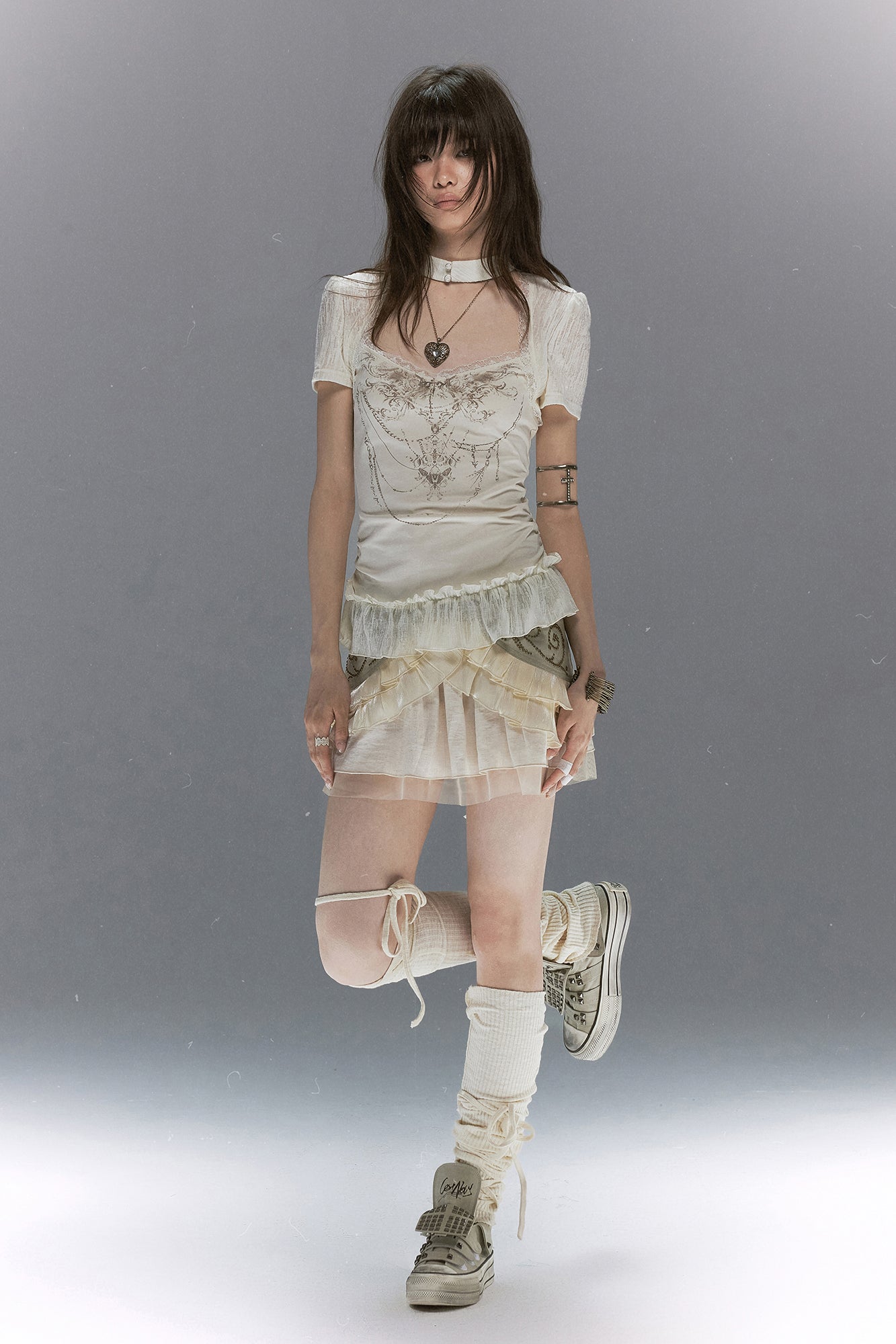 CESTNOUS Gothic Graphic Ruffle-Hem T-Shirt