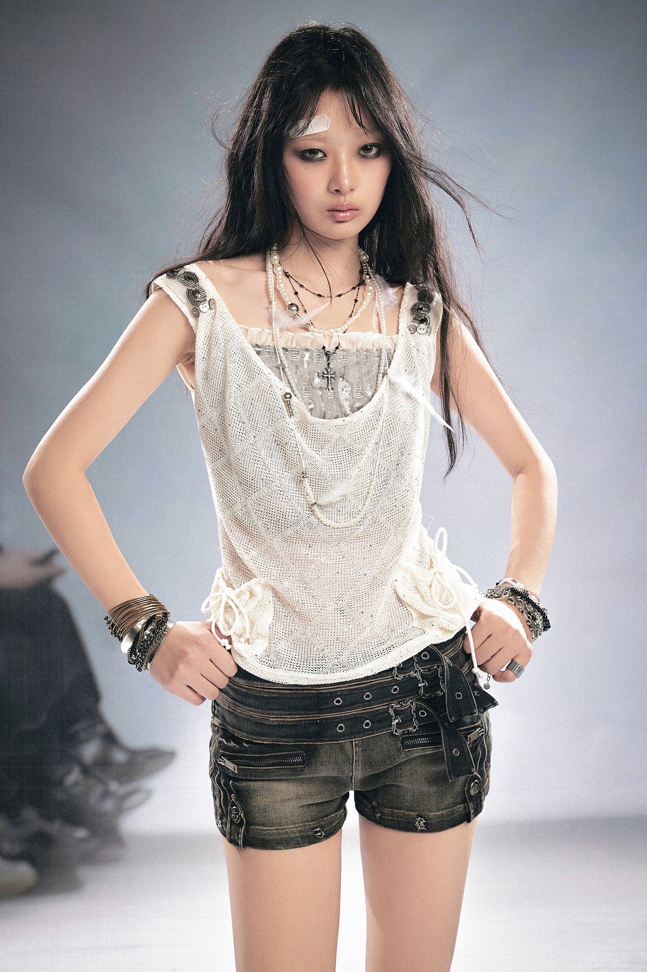 CESTNOUS Sheer Openwork Cowl Tank Top