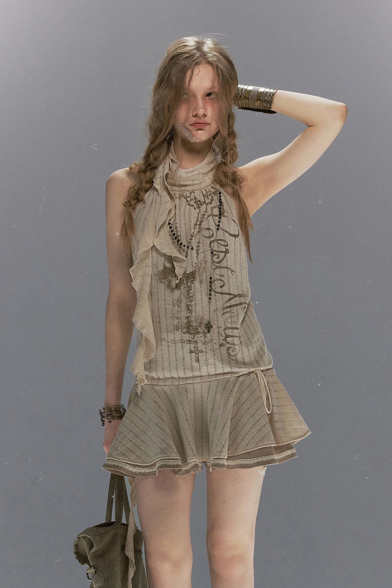 CESTNOUS Ruffled Lace Faux Layered Halter Mini Dress