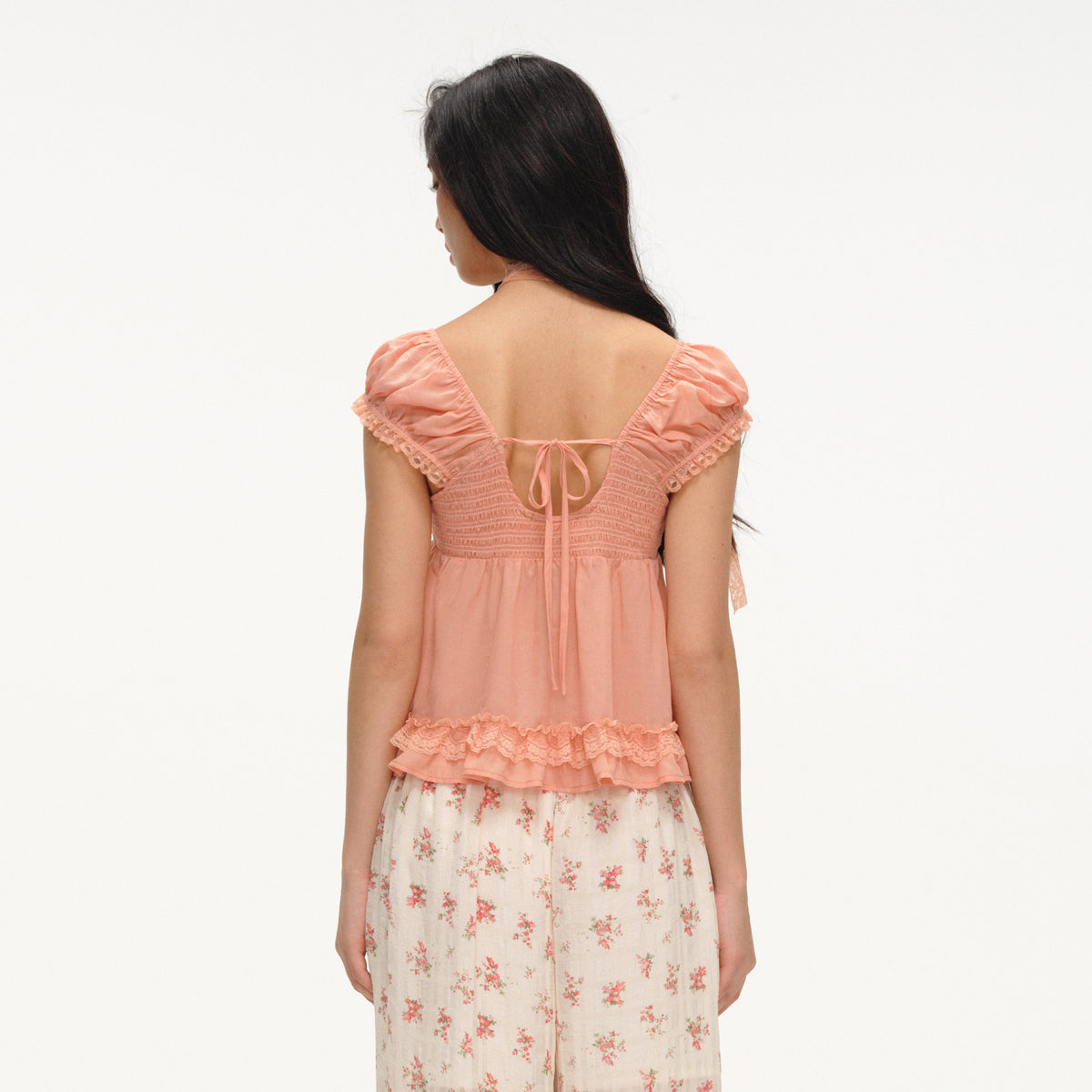 LVETONG Lace Bow Tie-Front Puff Sleeve T-Shirt