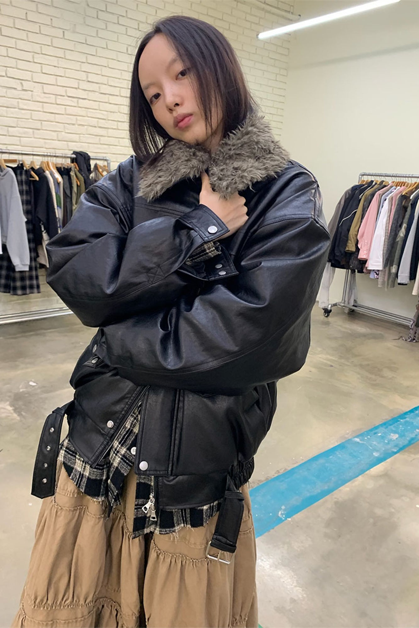 NEVERSEEZ Faux Leather Duck-Down Fill Jacket