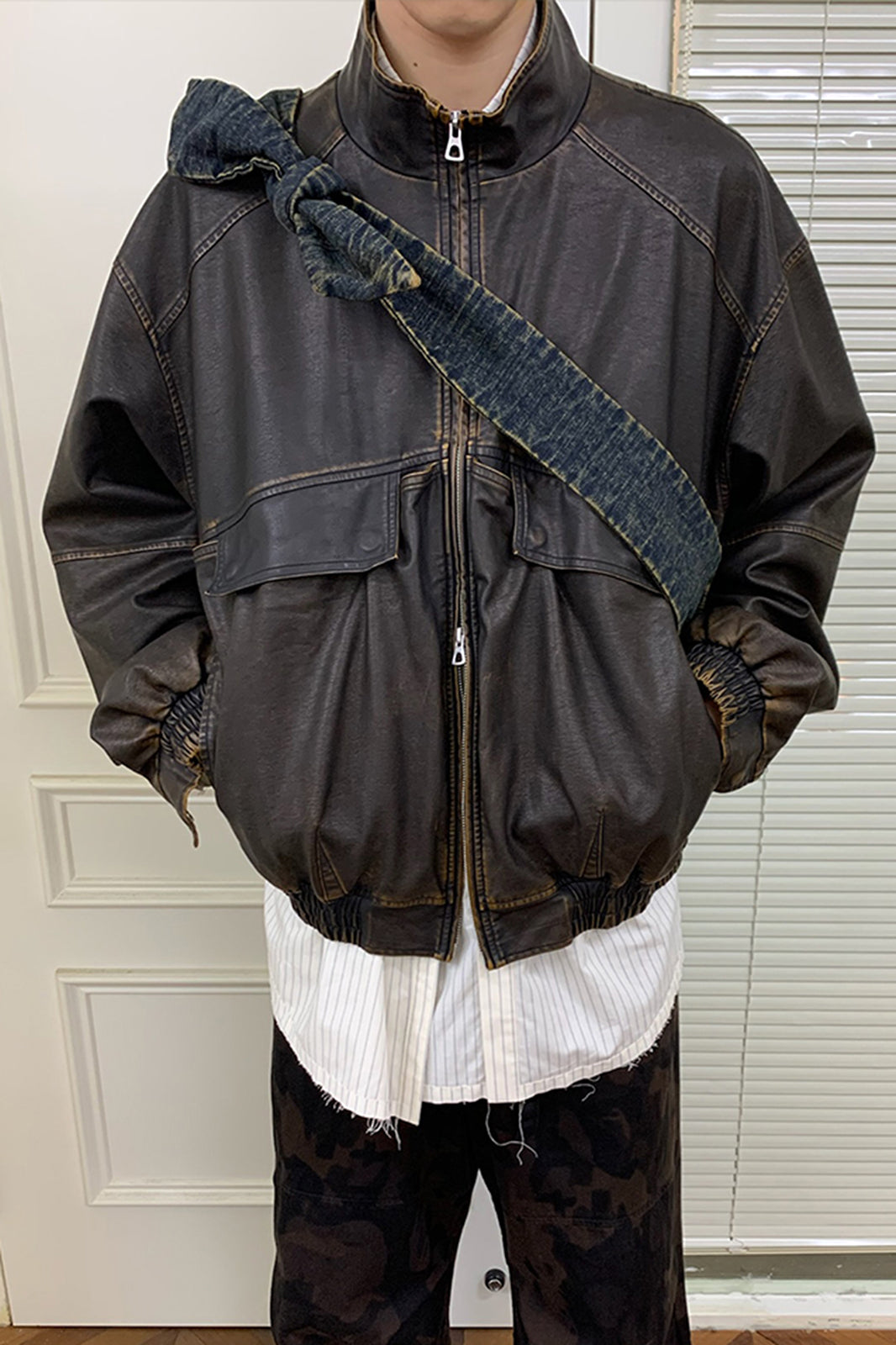 NEVERSEEZ Washed Faux Leather Zip-Up Bomber Jacket