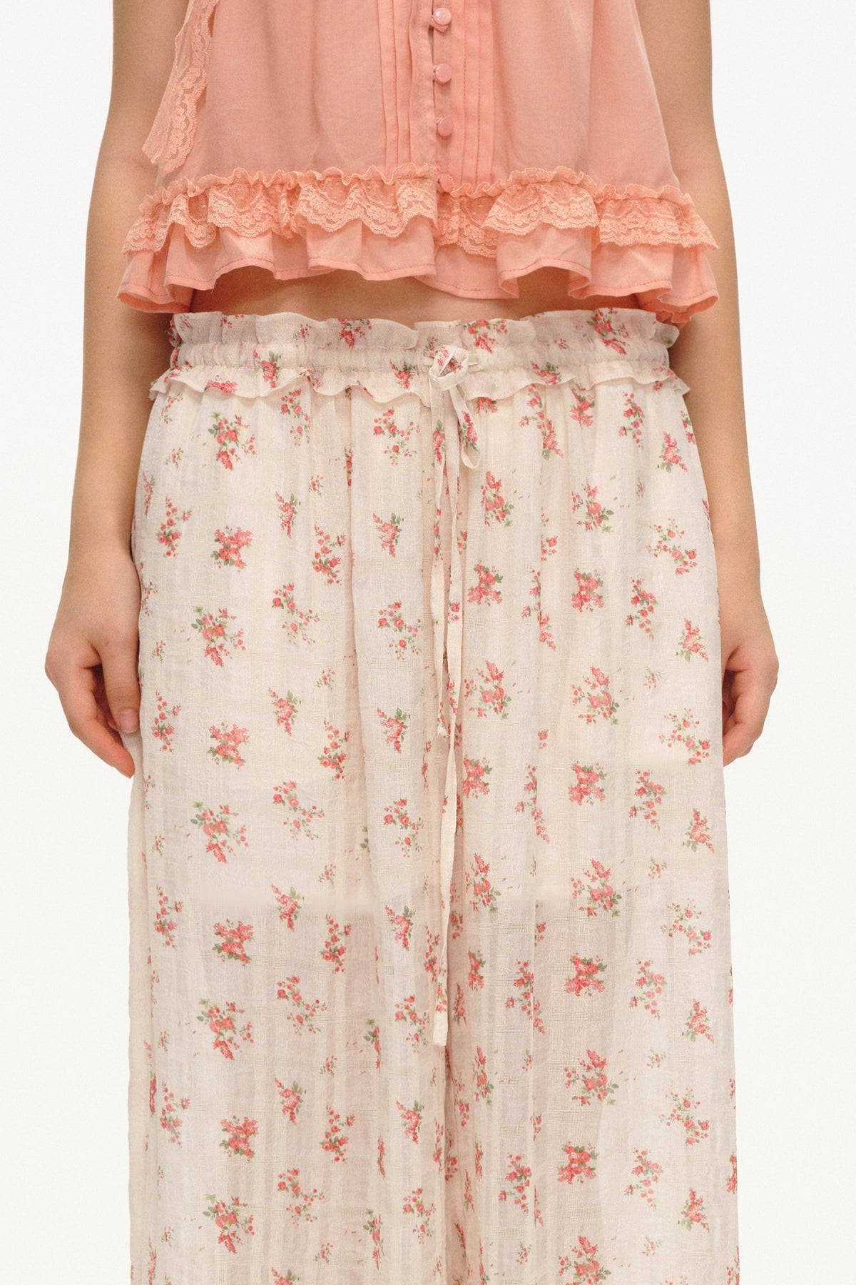 LVETONG Floral Ruffle-Trim Drawstring Wide-Leg Pants