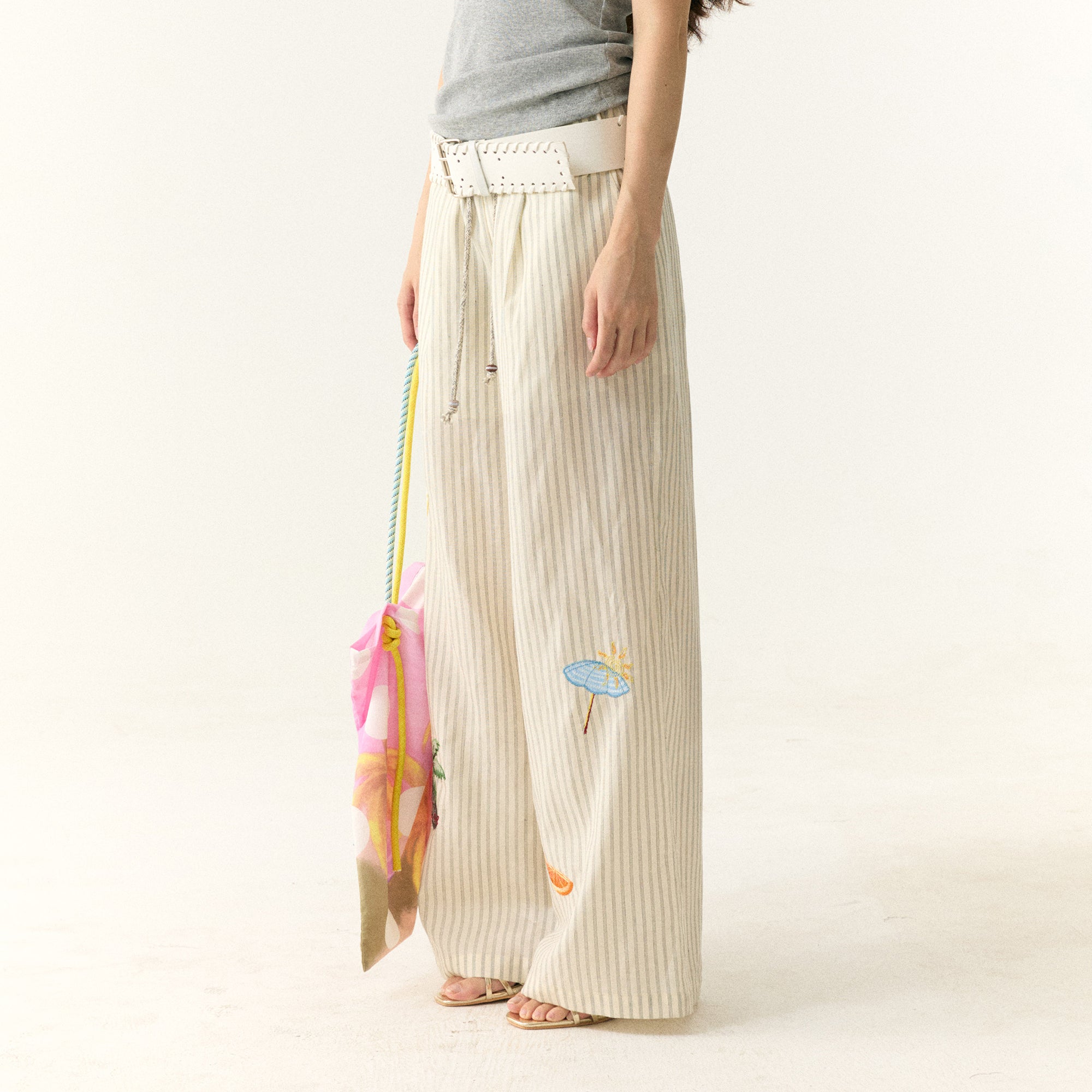 WII WIL Tropical Embroidered Stripe Wide-Leg Pants