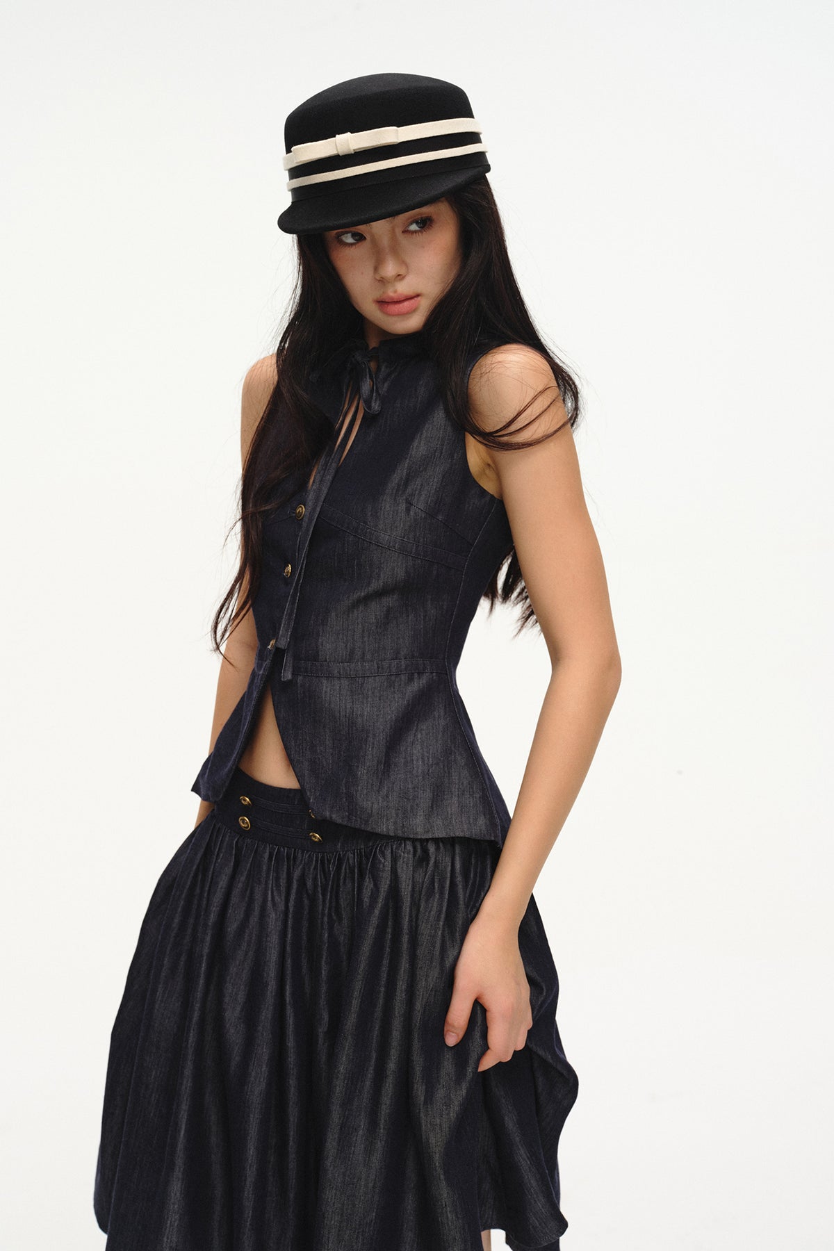 LVETONG Linen Denim Vest & Puff Mini Skirt Set
