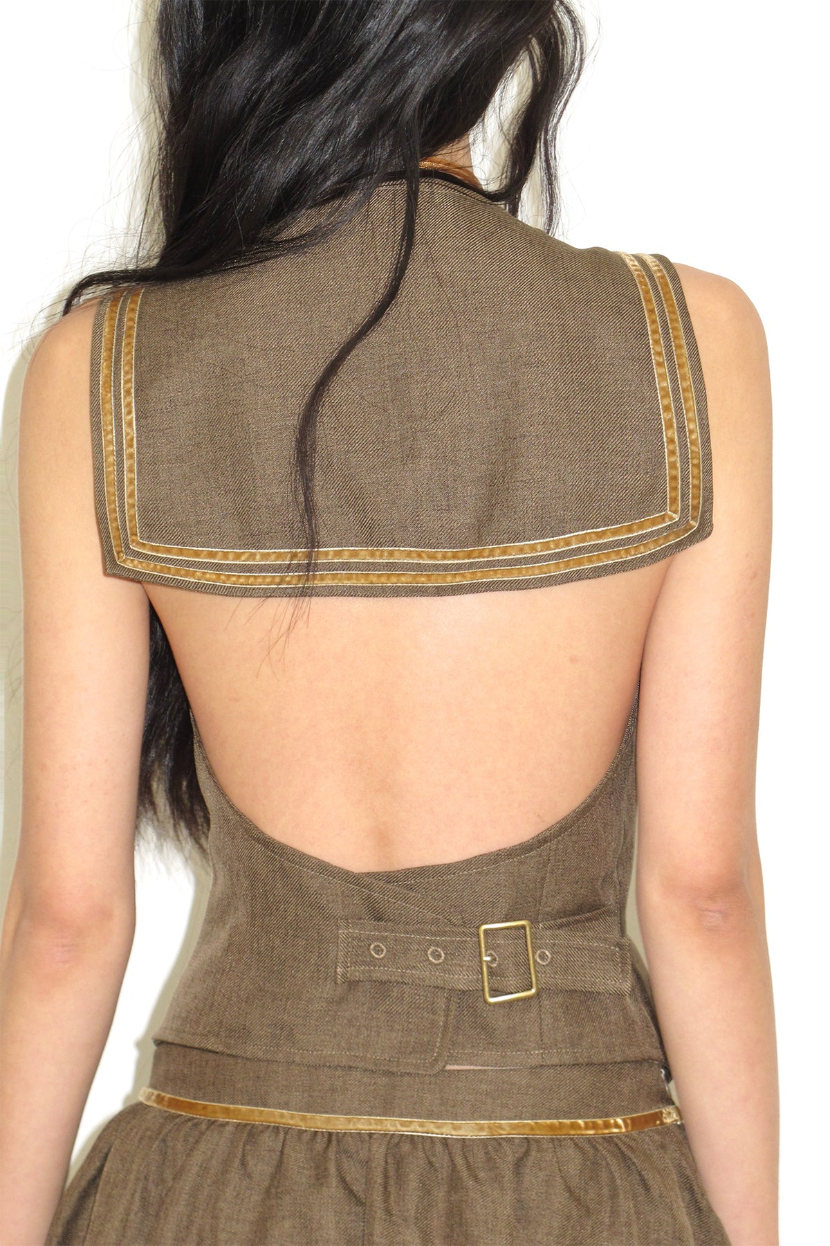 LVETONG Sailor-Collar Belted Vest & Gathered Skirt Set