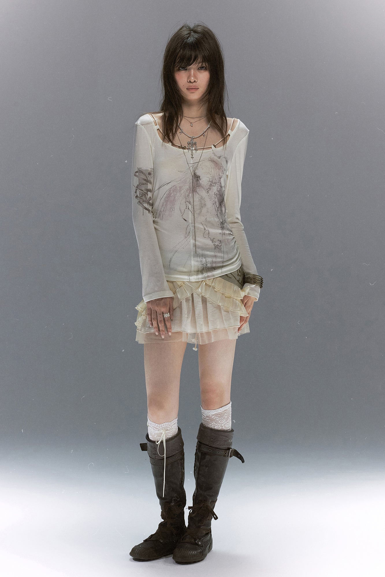 CESTNOUS Graphic Lace-Trim Tencel Long-Sleeve Tee