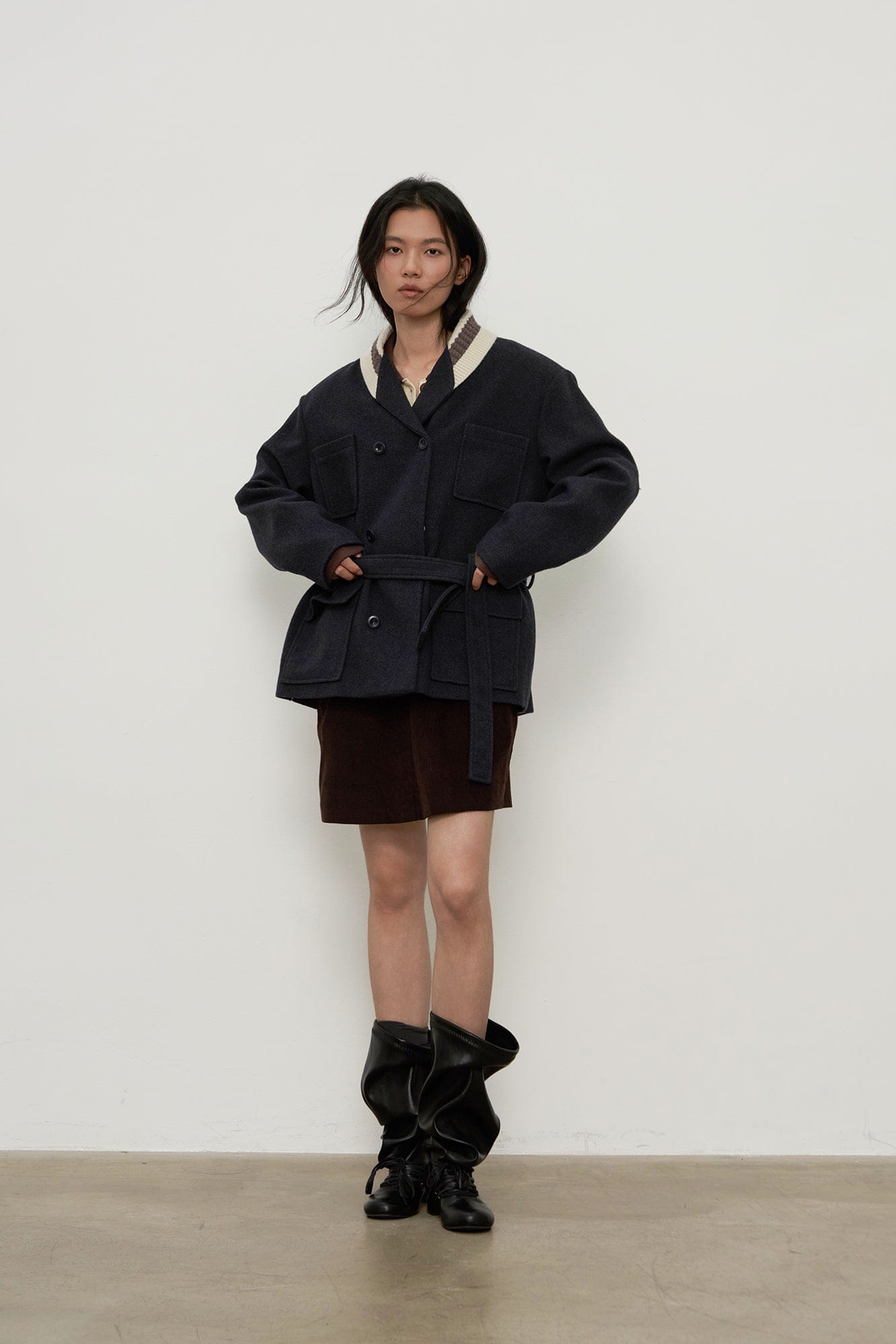 SAME FLOW Contrast Knit Collar Belt Wool-Blend Jacket