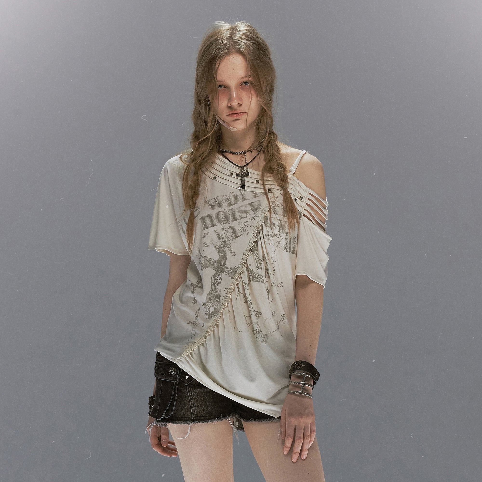 CESTNOUS Asymmetrical Studded Multi-Strap Graphic T-Shirt