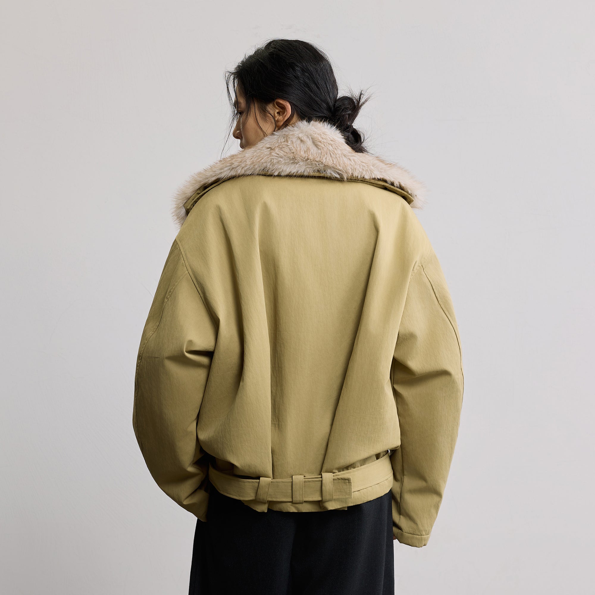 SAME FLOW Faux Fur Collar Belted Padded Jacket