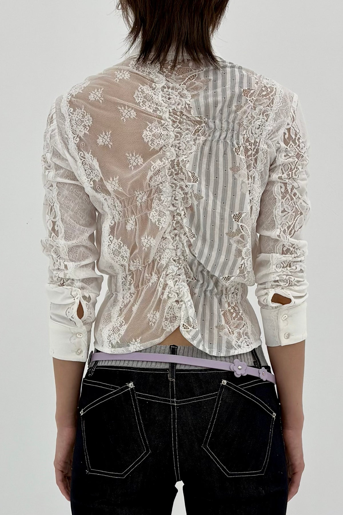 9266 STUDIO Retro Gathered Lace Asymmetrical Shirt