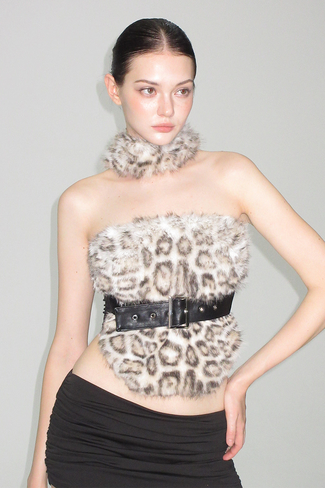 AE30 SAINT Faux Fur Spliced Belted Halter Top