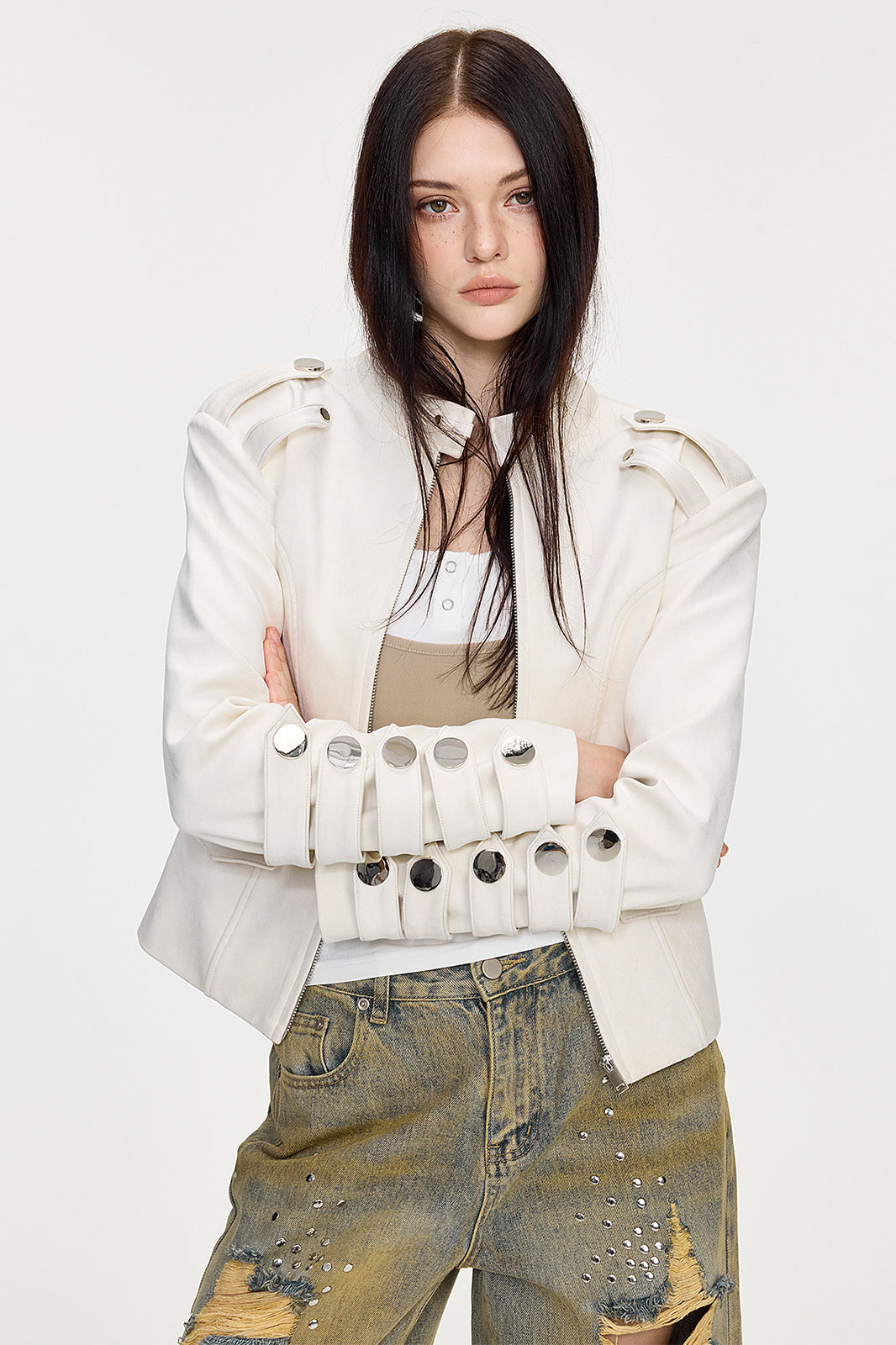 AE30 SAINT Cinched-Waist Padded-Shoulder Napoleon Jacket