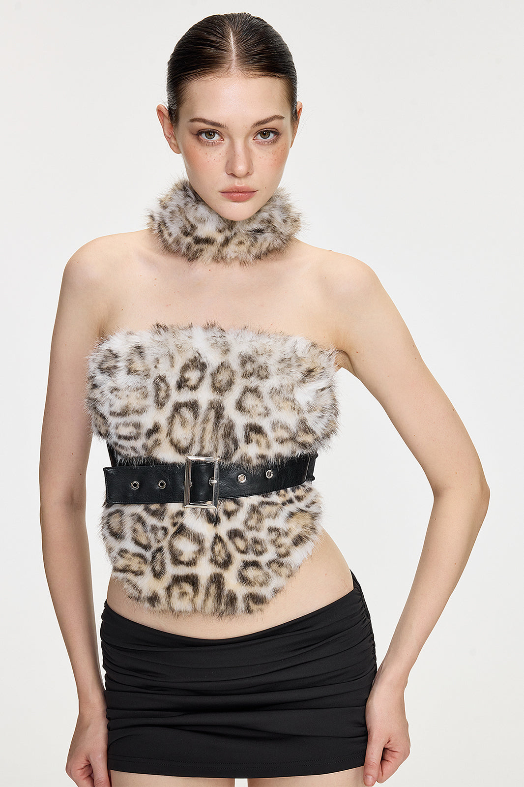 AE30 SAINT Faux Fur Spliced Belted Halter Top