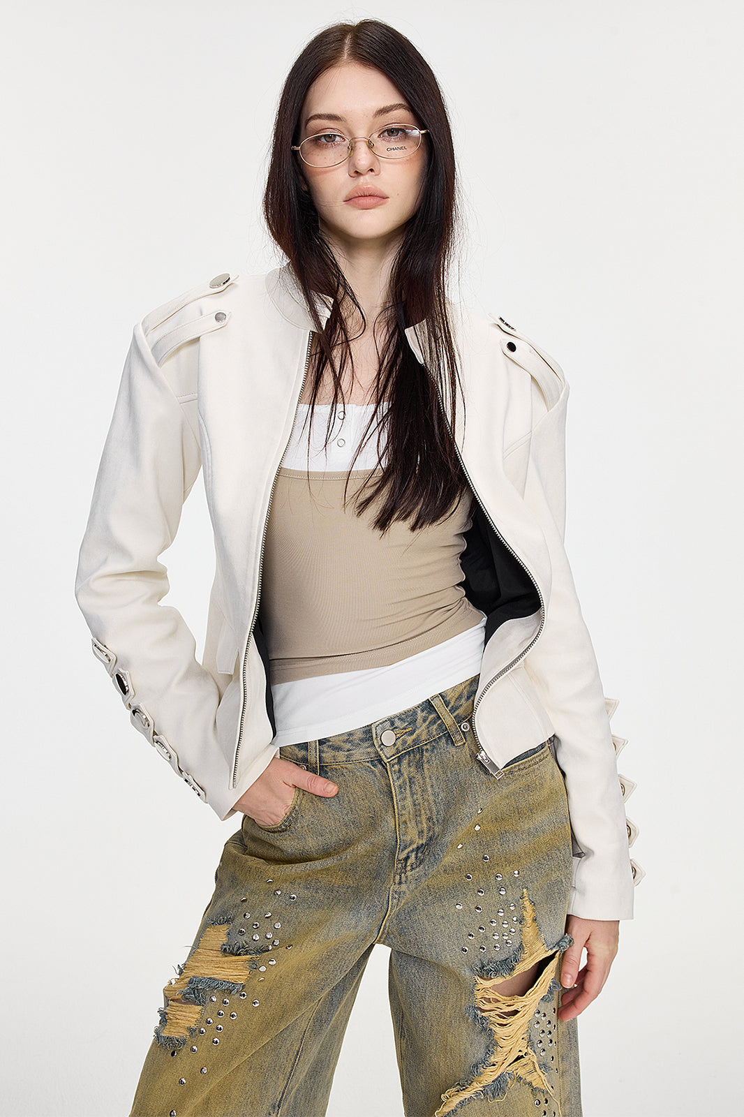AE30 SAINT Cinched-Waist Padded-Shoulder Napoleon Jacket