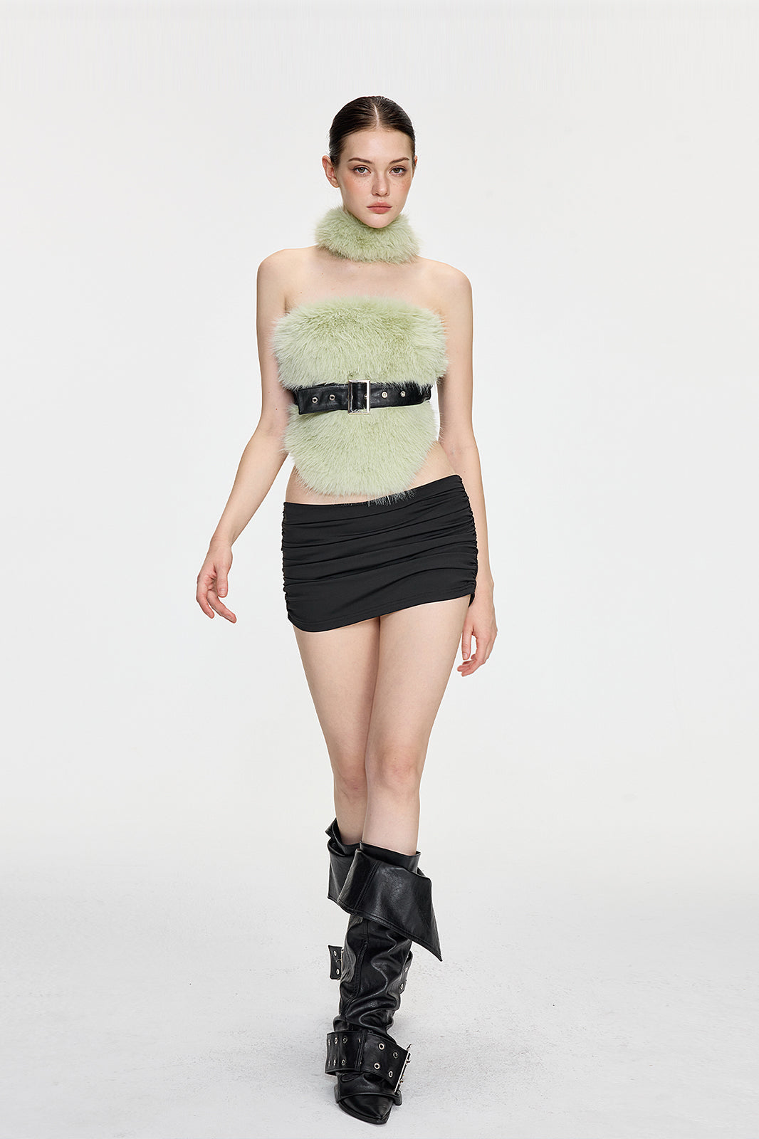 AE30 SAINT Faux Fur Spliced Belted Halter Top