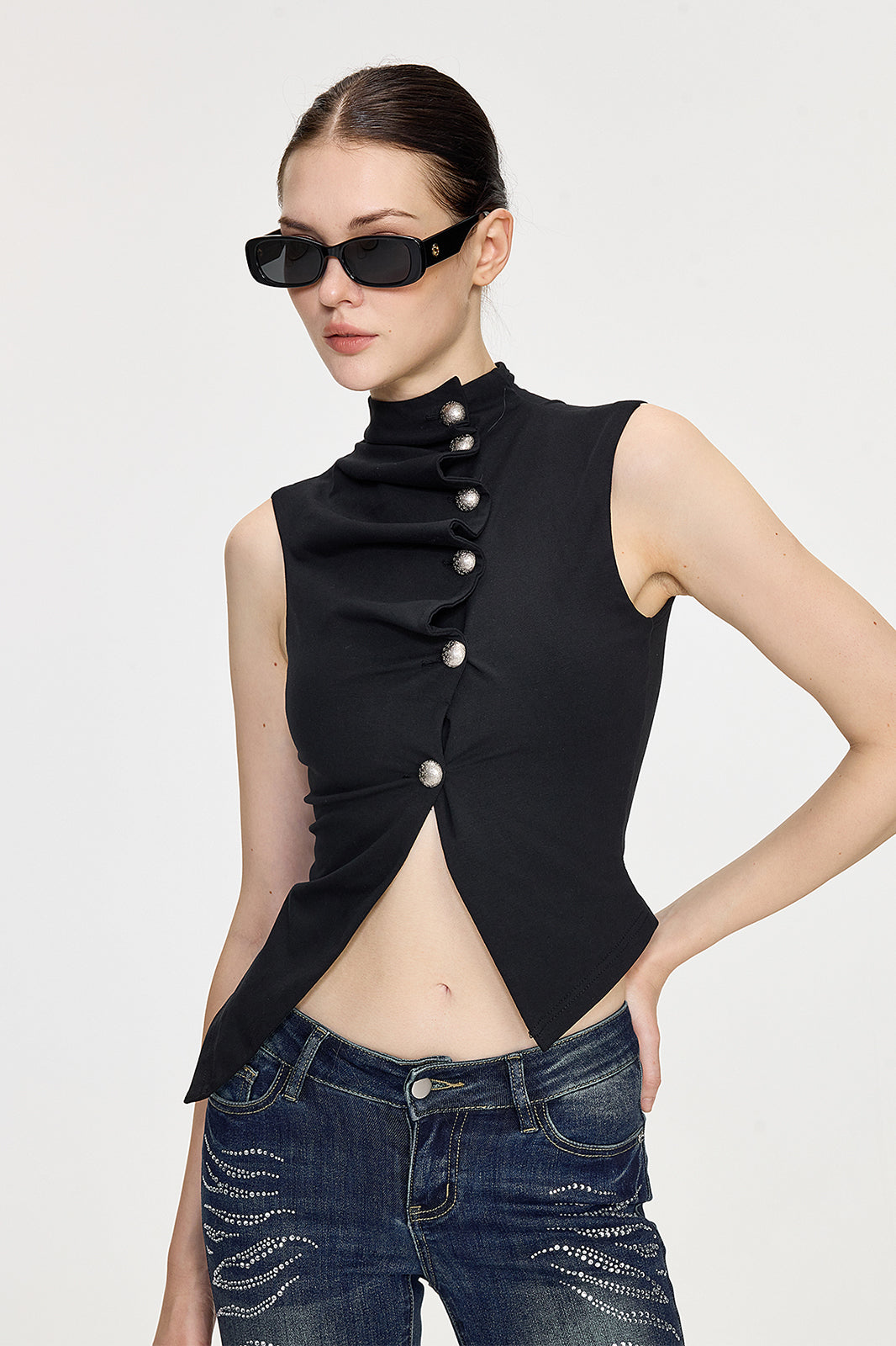 AE30 SAINT Asymmetric Gathered Button Tank Top