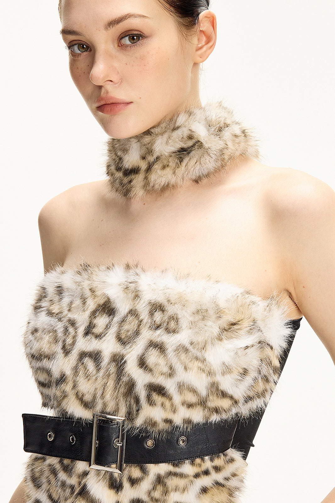 AE30 SAINT Faux Fur Spliced Belted Halter Top