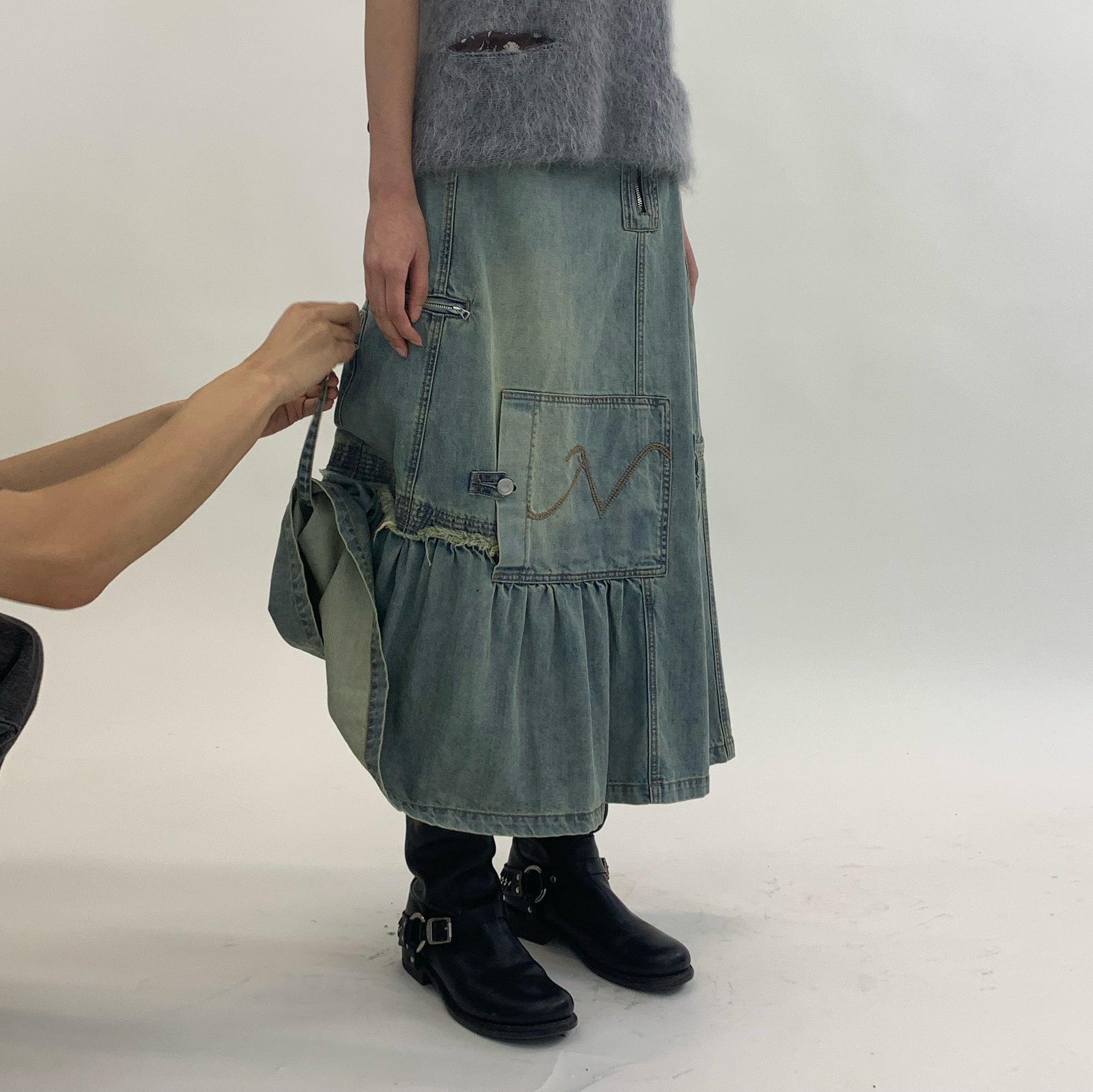 NEVERSEEZ Retro Wash Asymmetrical Denim Midi Skirt