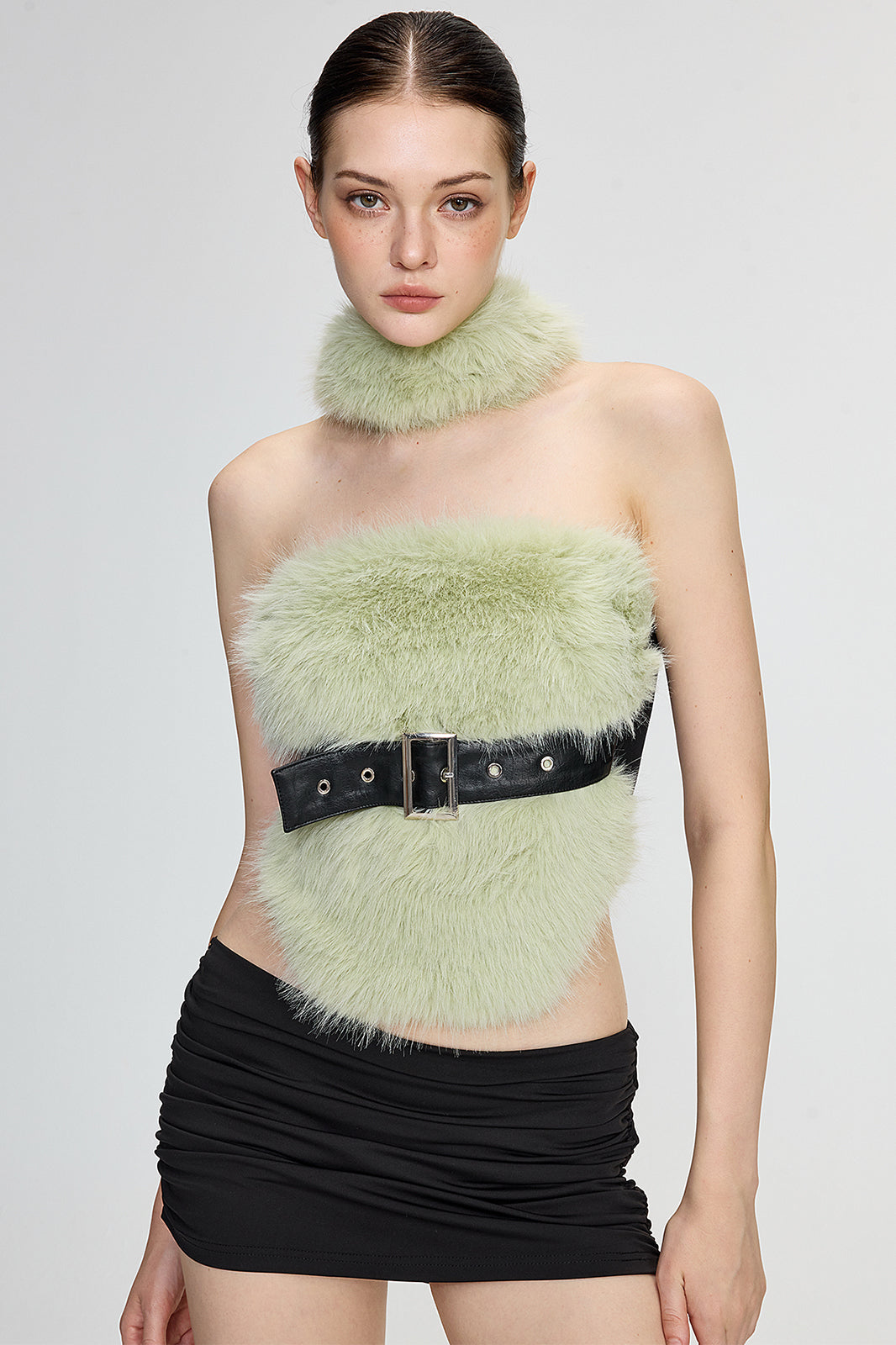 AE30 SAINT Faux Fur Spliced Belted Halter Top