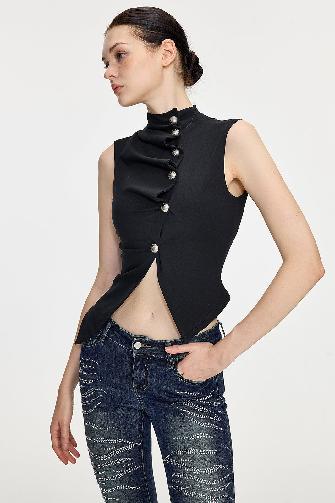 AE30 SAINT Asymmetric Gathered Button Tank Top