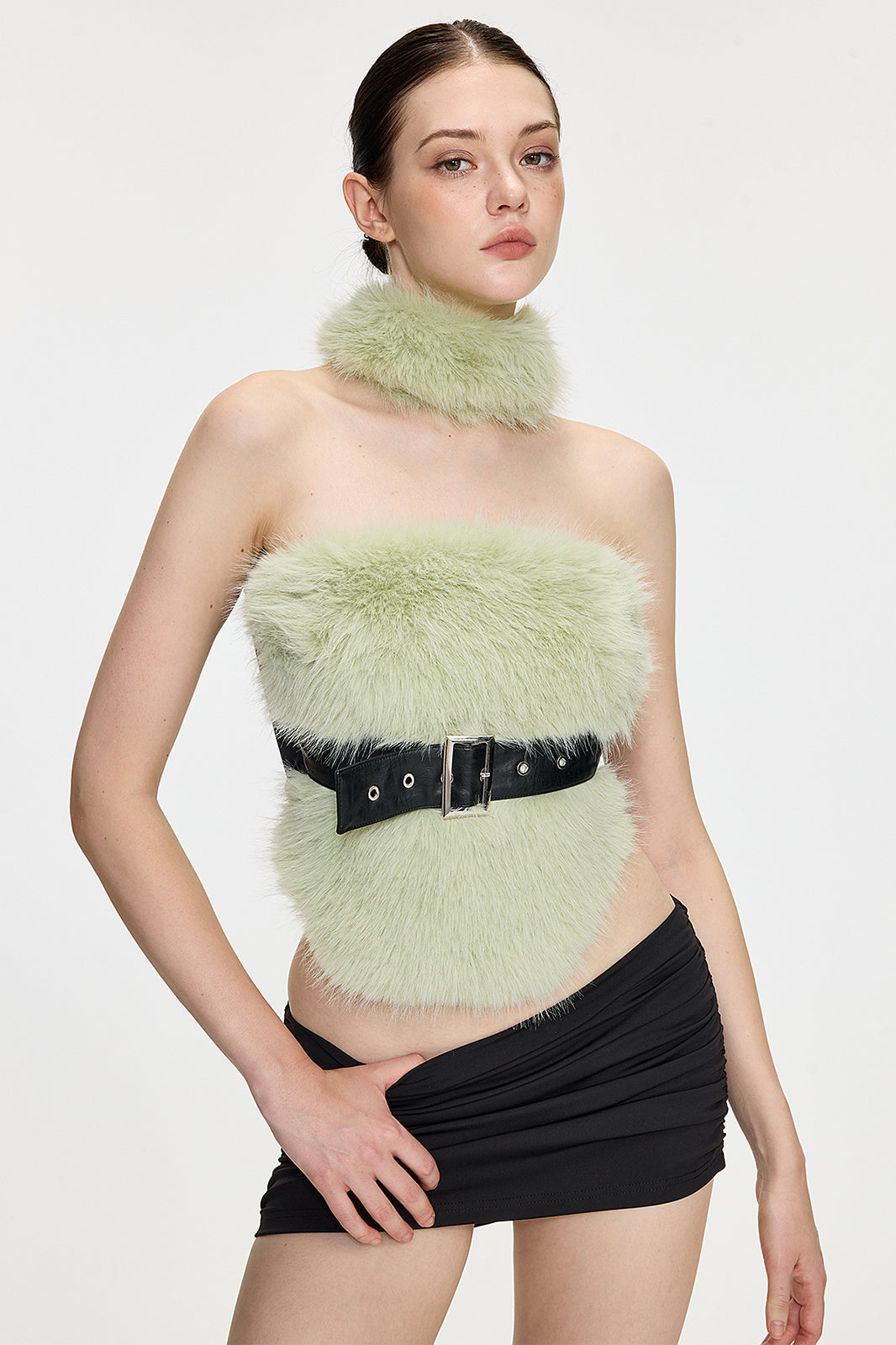 AE30 SAINT Faux Fur Spliced Belted Halter Top