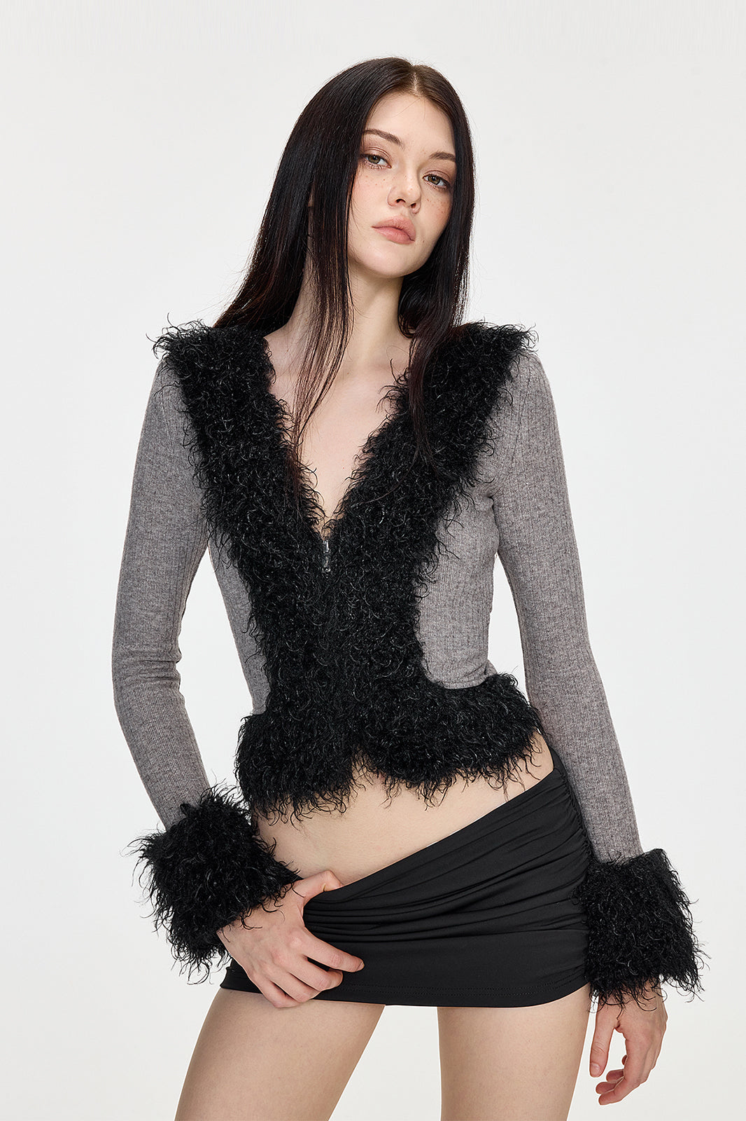 AE30 SAINT Belted Faux Fur Trim Two-Way Zip Cardigan