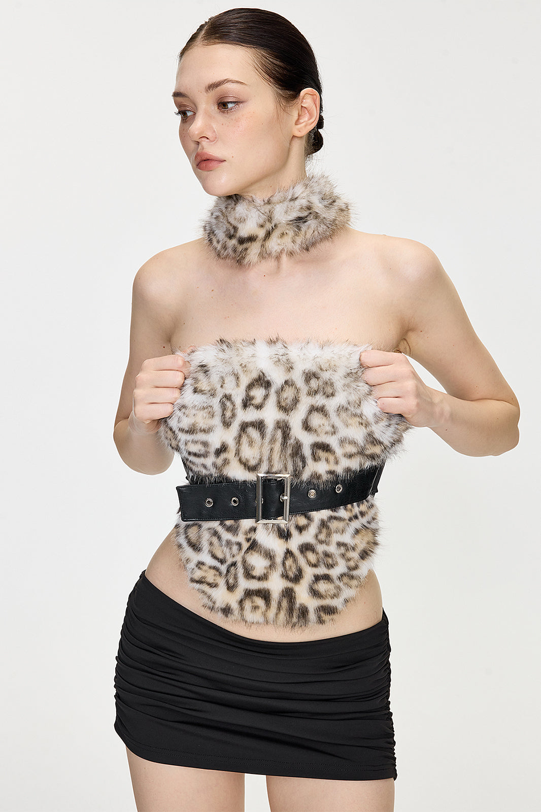 AE30 SAINT Faux Fur Spliced Belted Halter Top