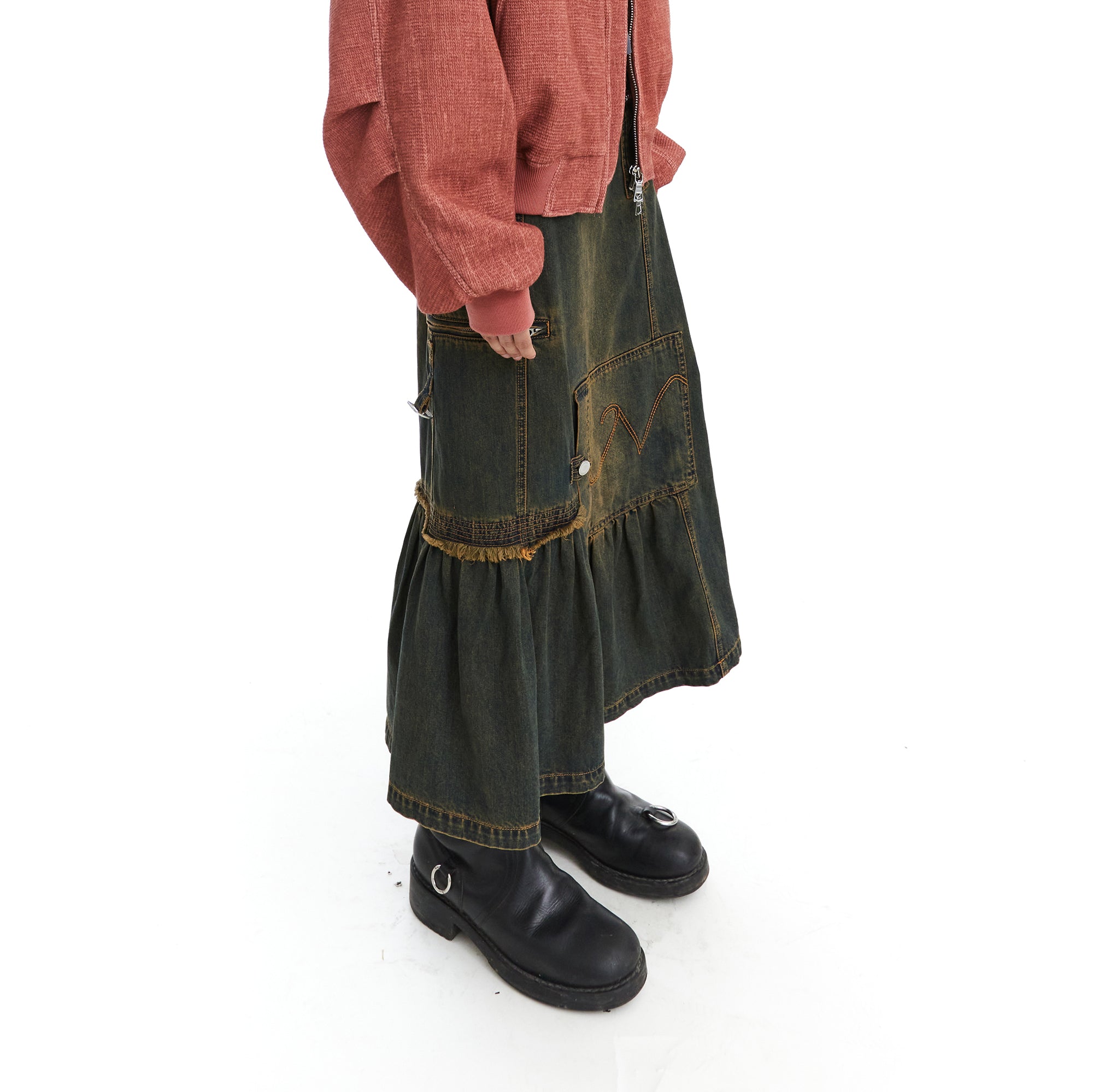 NEVERSEEZ Retro Wash Asymmetrical Denim Midi Skirt