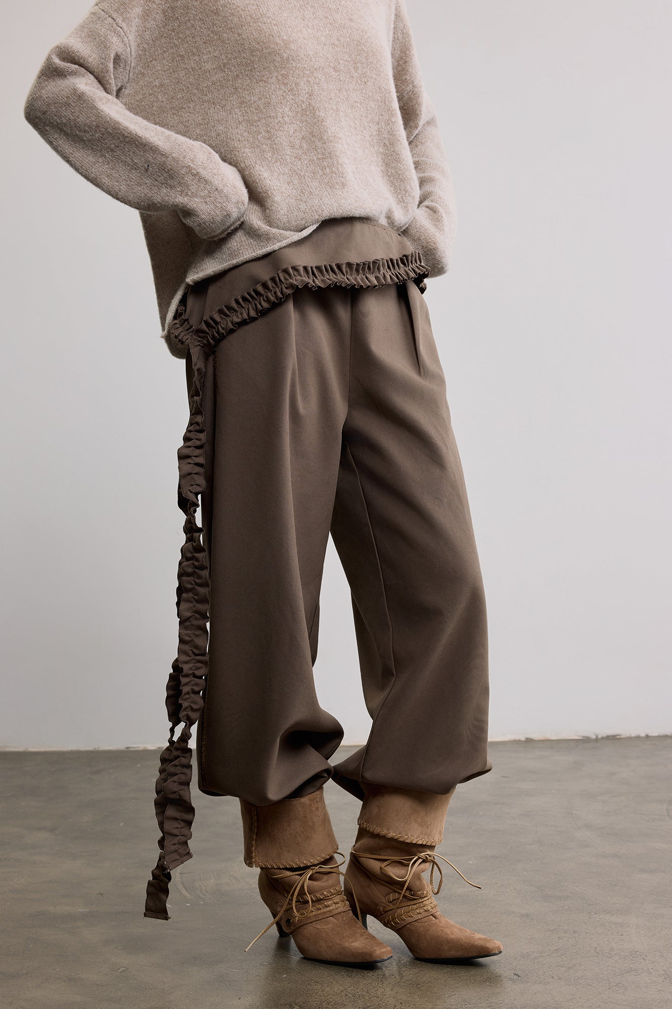 SAME FLOW Ruffle Trim Embroidered Wide-Leg Pants