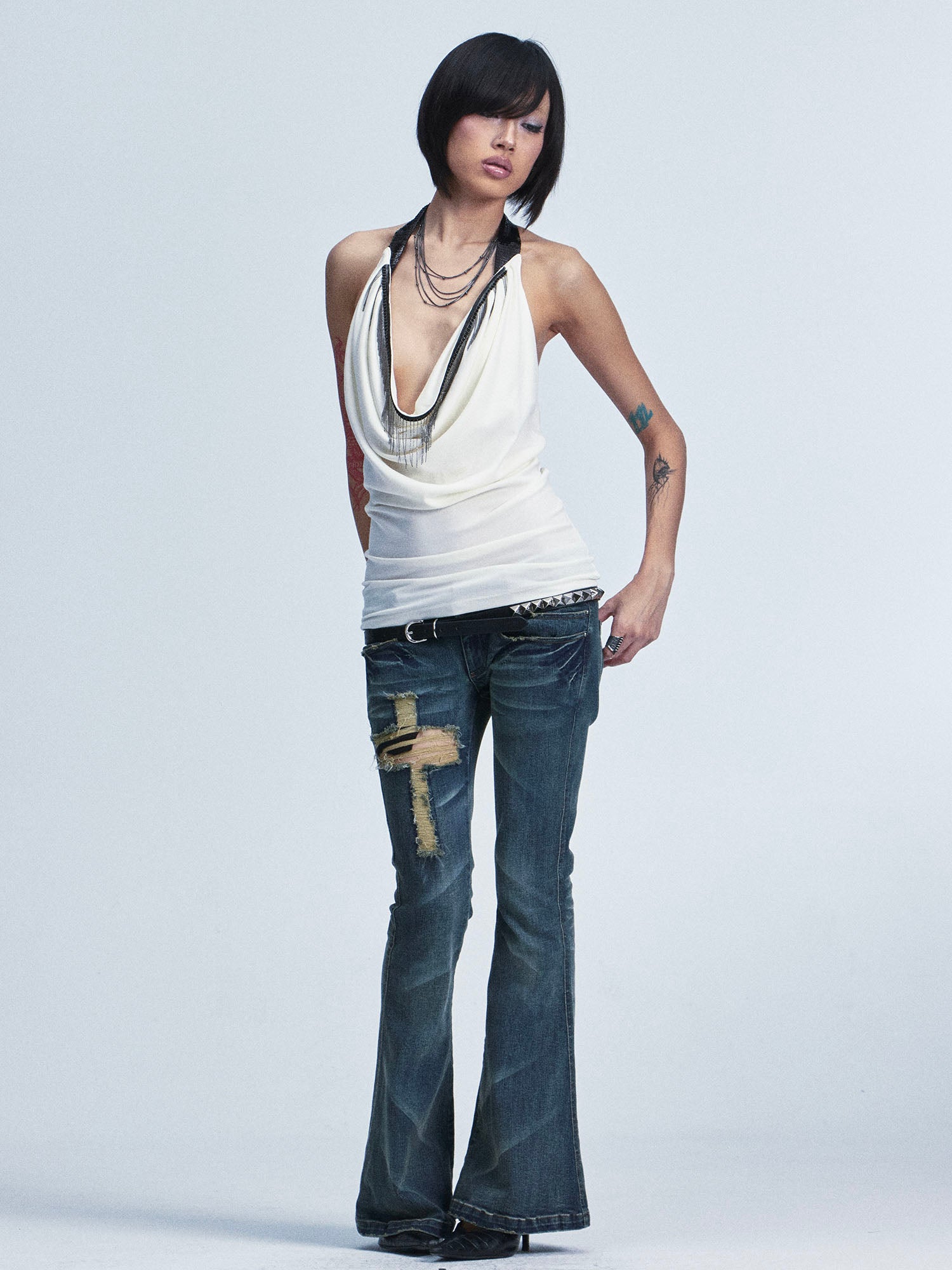 NONAME SPACE Cross Ripped Washed Flared Jeans