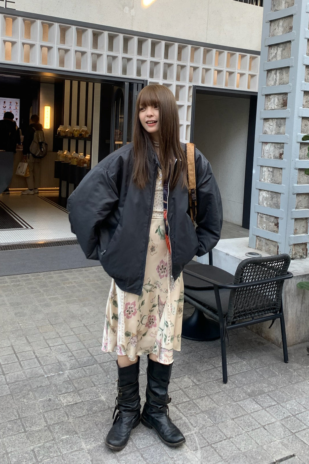 NEVERSEEZ Graphic-Lining Embroidered-Flower Bomber Jacket