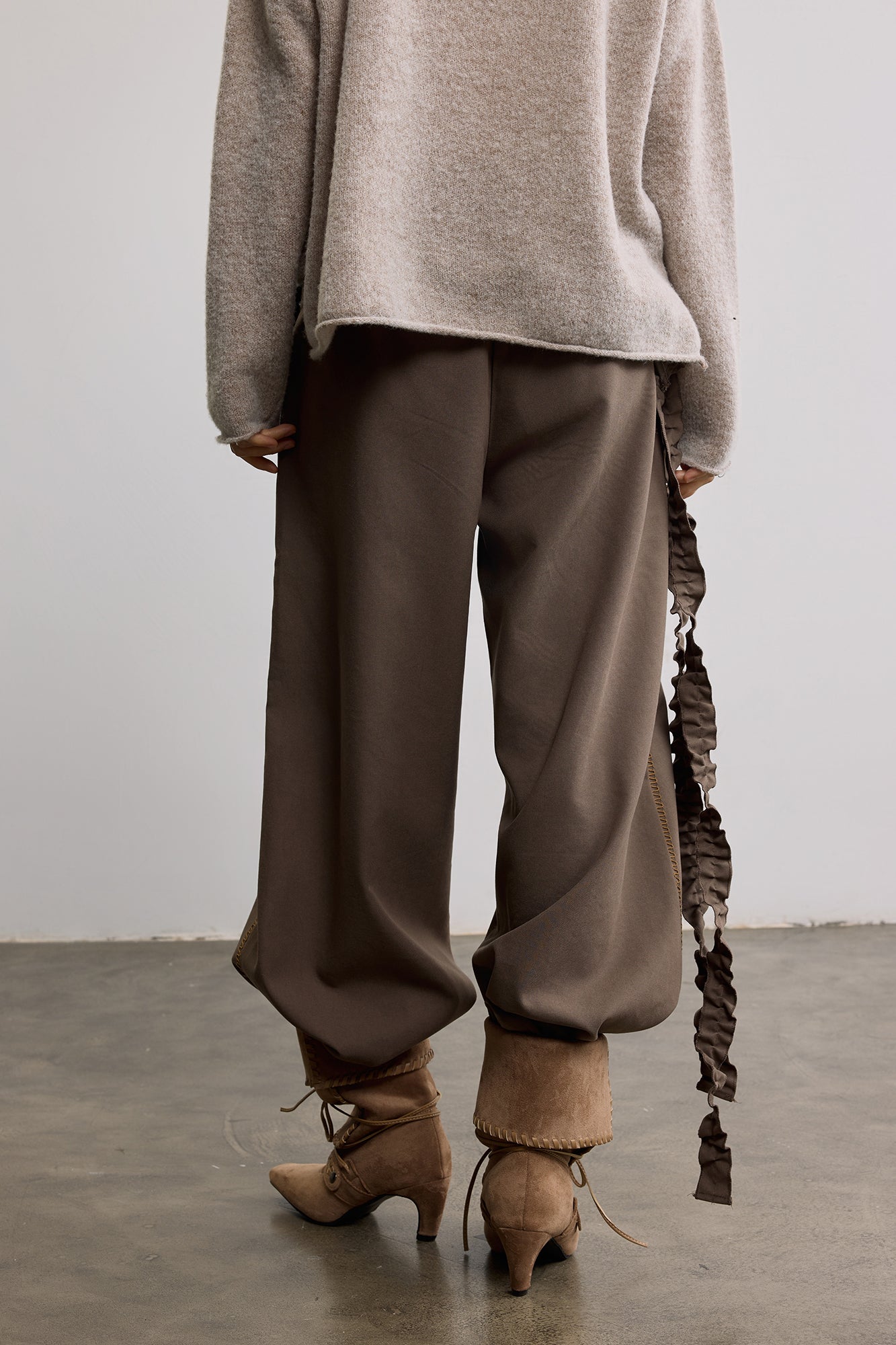 SAME FLOW Ruffle Trim Embroidered Wide-Leg Pants