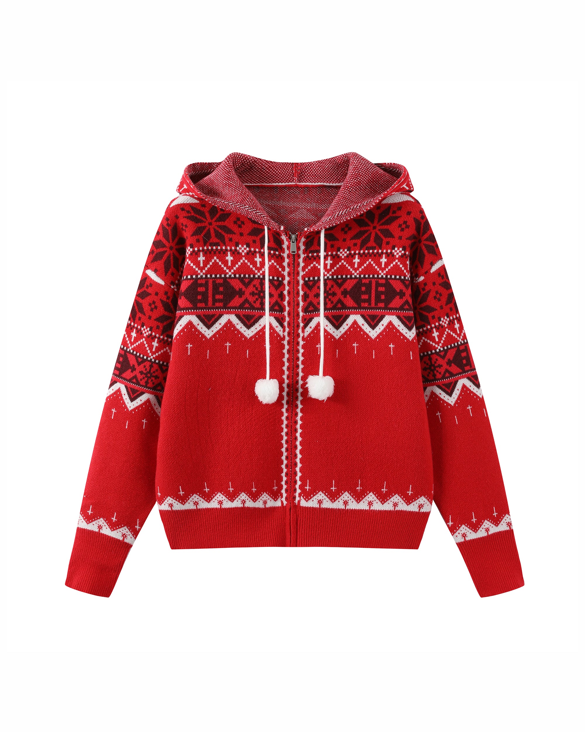 DONSMOKE Retro Fair Isle Pom Zip-Up Hoodie